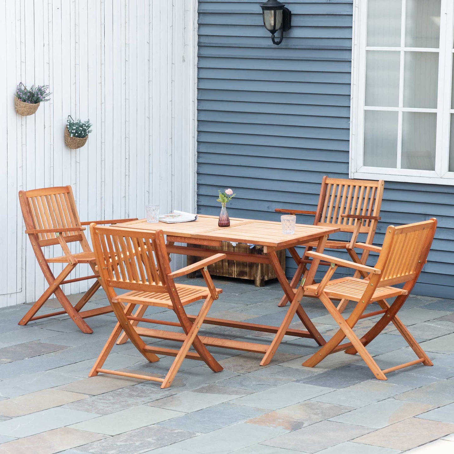 Outsunny 5 Piece Wood Patio Dining Set for 4, Dining Table and Chairs Set, Folding Outdoor Patio Furniture for Patio, Backyard and Garden, Teak