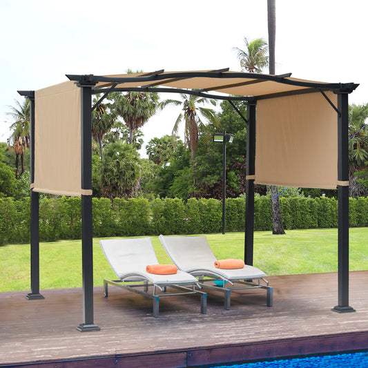 10' x 8' Outdoor Retractable Pergola Garden Gazebo with Two Adjustable Side Canopy Overhead Sun Shade Backyard Canopy Cover Khaki