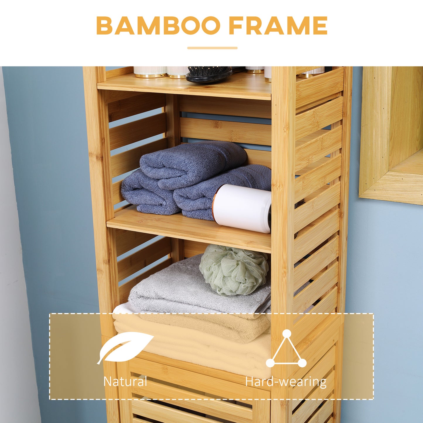 Tall Bathroom Cabinet with 3 Open Shelves, Slim Bamboo Linen Tower Freestanding Linen Towel with Slatted Door, Natural