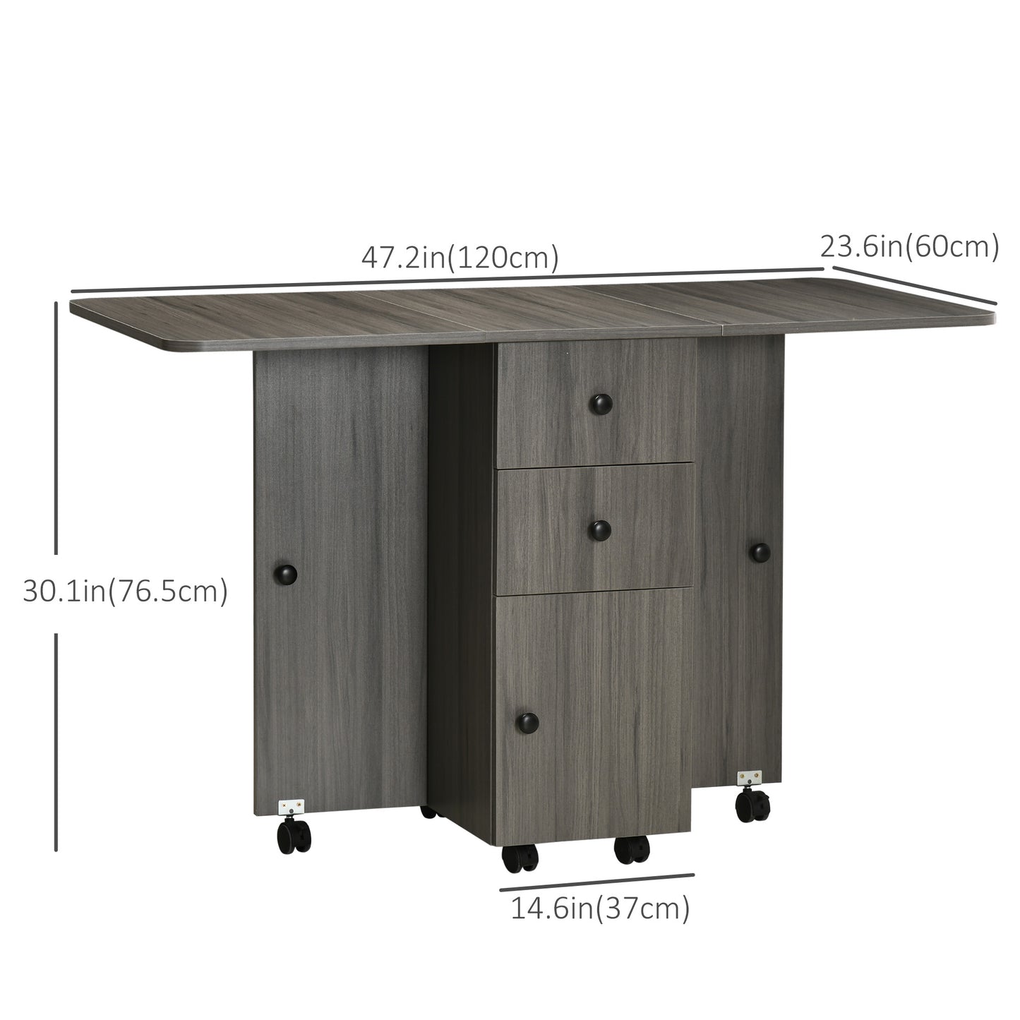 Foldable Dining Table, Rolling Kitchen Table With Storage Drawers and Cabinet, Drop Leaf Table on Wheels, Grey