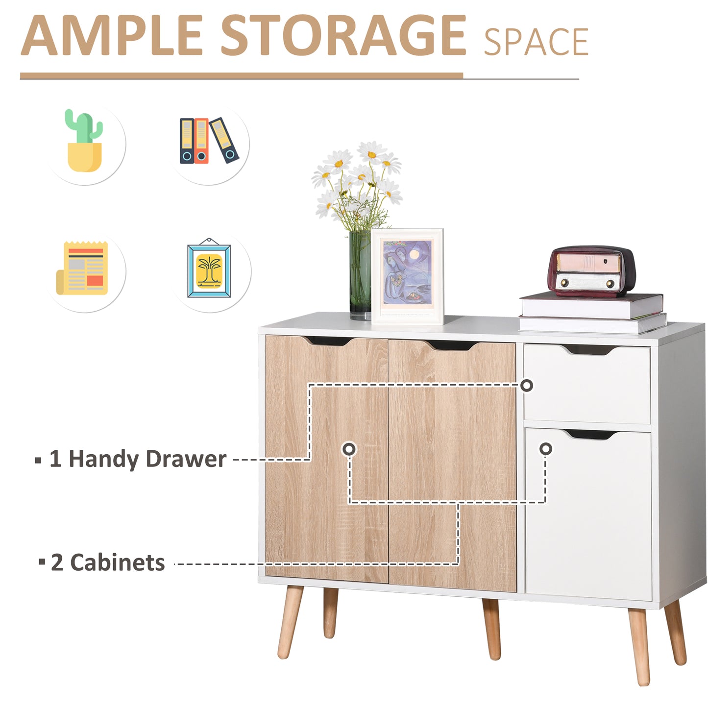 28" Sideboard Floor Standing Storage Cabinet with Drawer Solid Frame for Bedroom, Living Room, Home Office, Natural Wood