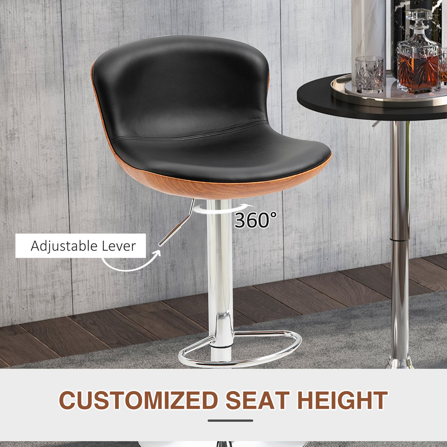 2 Piece Modern Barstools with Backrest Counter Chairs with Footrest Swivel Black