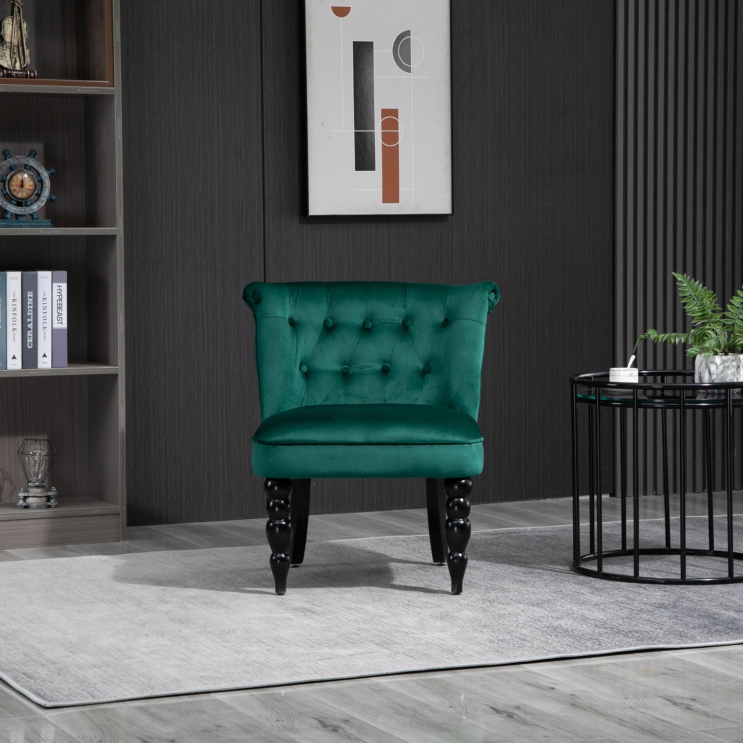 Vintage Leisure Accent Chair with Button Tufted Straight Back Turned Legs Thick Sponge Padding for Living Room Dining Room Study Dark Green