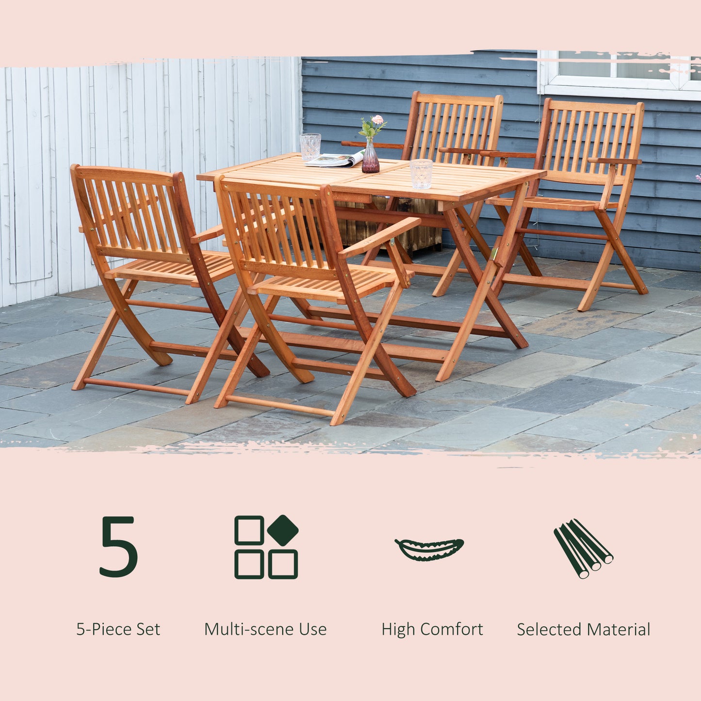 Outsunny 5 Piece Wood Patio Dining Set for 4, Dining Table and Chairs Set, Folding Outdoor Patio Furniture for Patio, Backyard and Garden, Teak