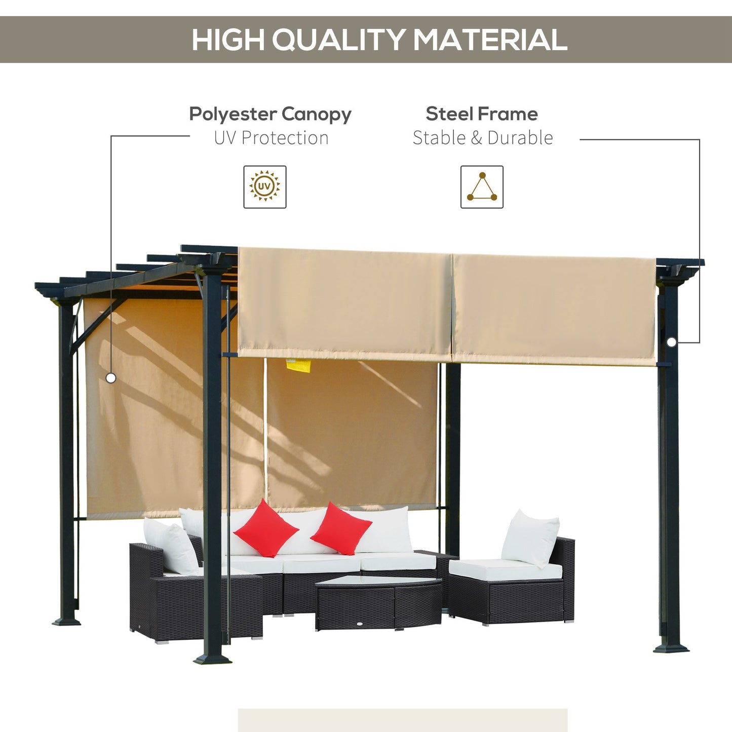 12' x 10' Outdoor Patio Gazebo Pergola with Retractable Canopy Roof, Steel Frame with Stakes, Unique Design, Beige