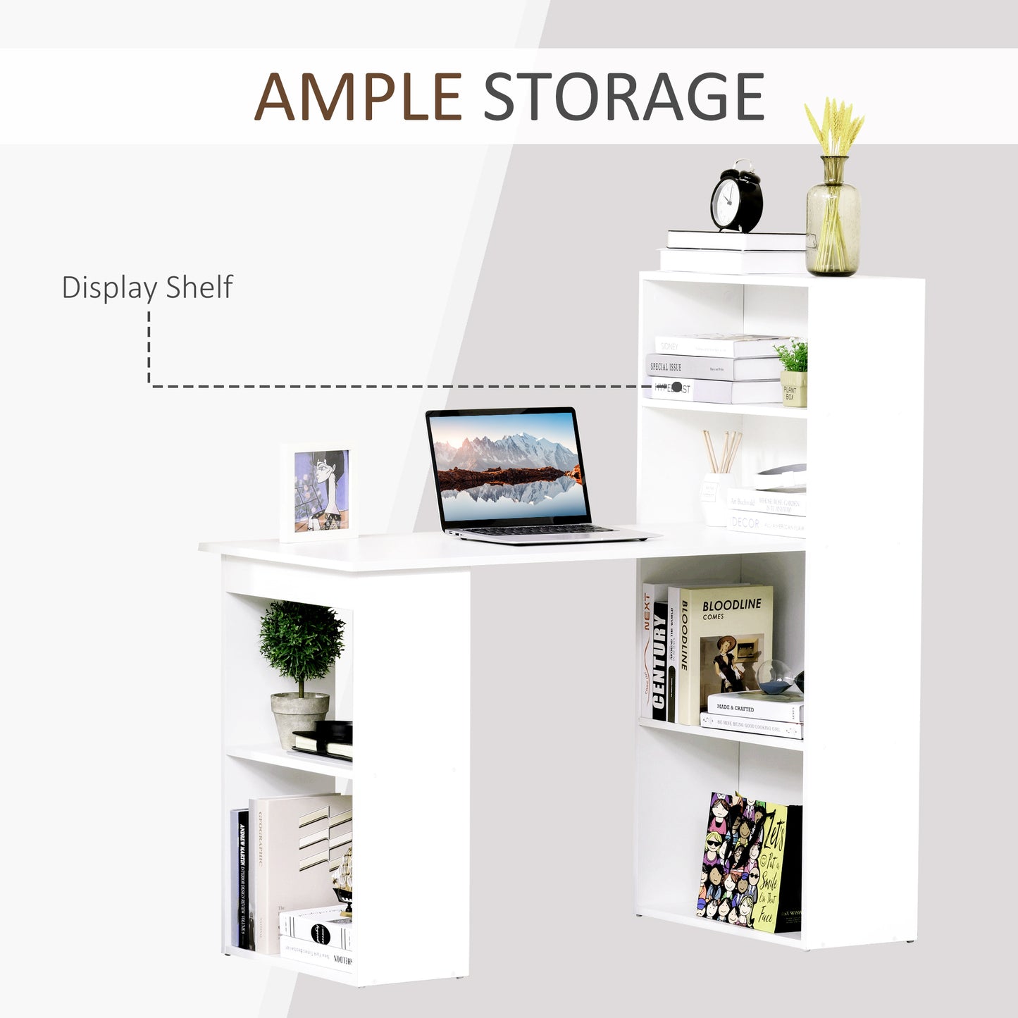 odern Compact Computer Desk with 6-Tier Storage Shelves Combo, Writing Table Workstation with Bookshelf for Home Office, White