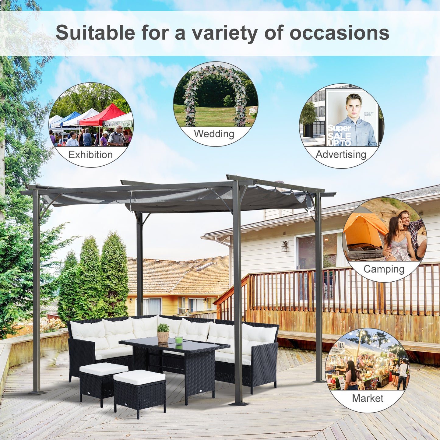 10' Outdoor Pergola Gazebo Garden Retractable Sun Shade Deck Lawn Covered Modern Square Canopy Backyard Patio BBQ Shelter Grey