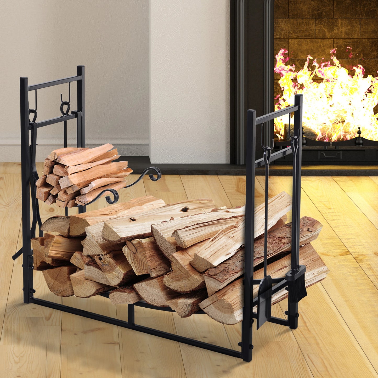 2-Tier Firewood Log Rack with 4 Tools 33" Fireplace Wood Holder Storage Log Rack with Shovel, Broom, Poker, Tongs and Hooks