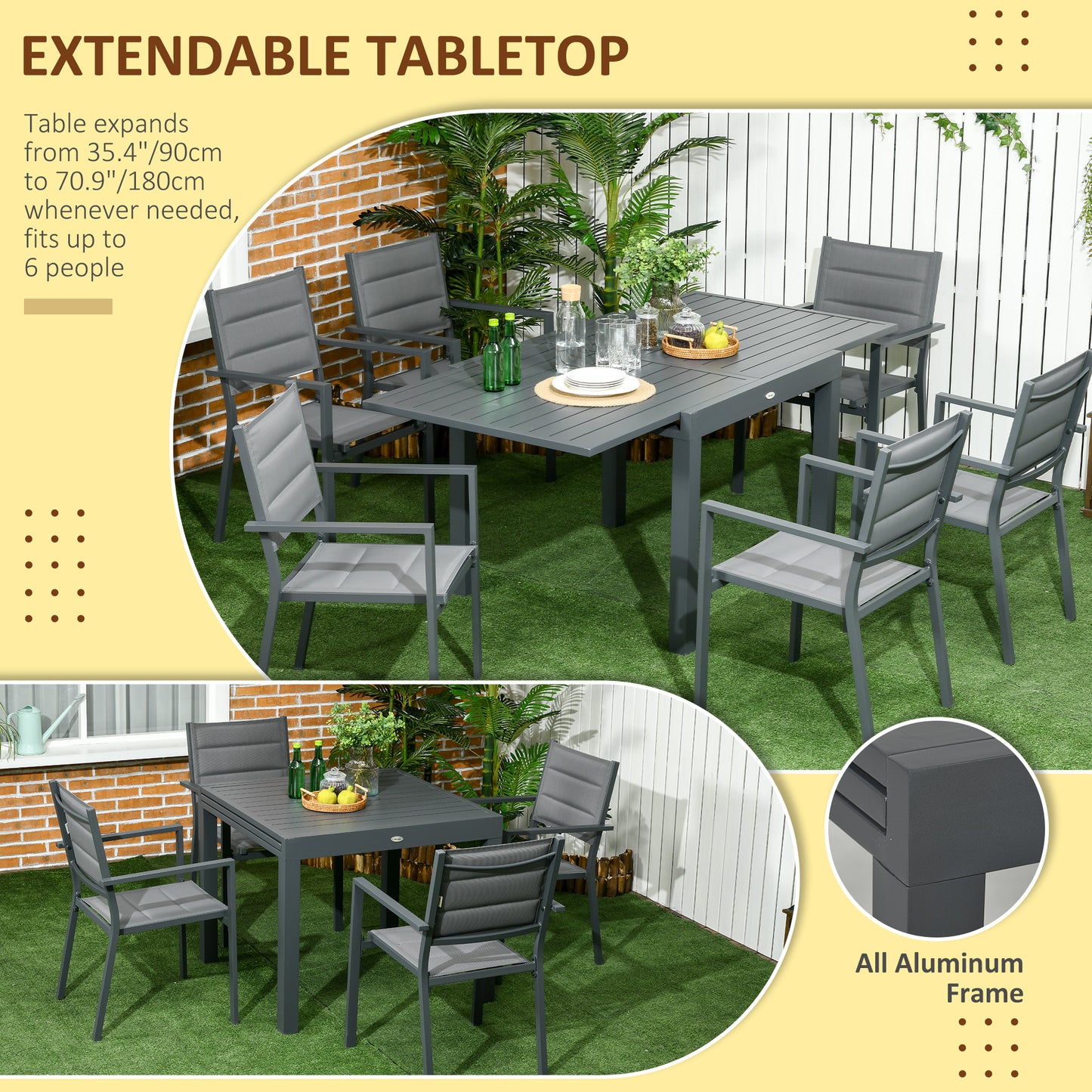 Outsunny 7 Pieces Patio Dining Set for 6, Aluminum Expandable Outdoor Table, Stackable High Back Chair, Mesh Fabric Seats, Dark Gray