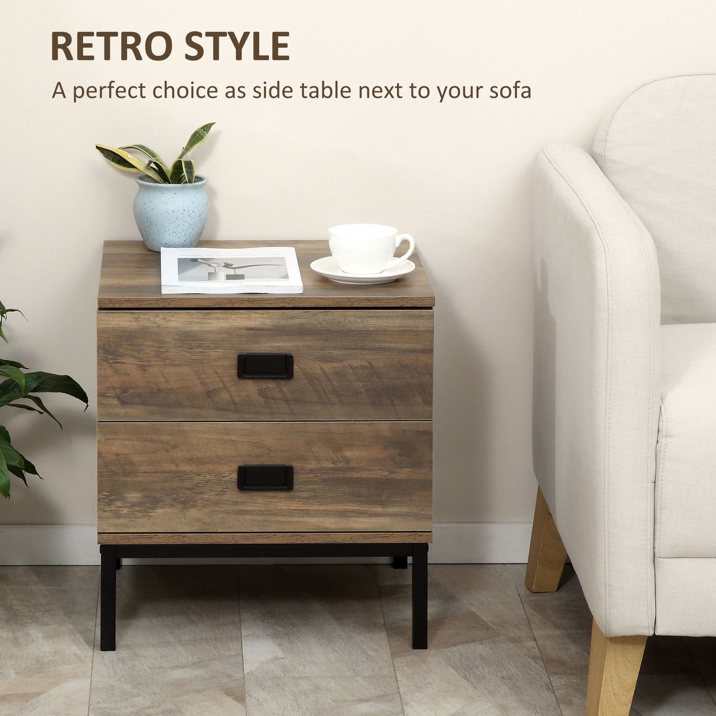 Nightstand with Storage, Retro Bedside Table, Side Table with 2 Drawers, Steel Frame for Bedroom, Living Room, Coffee