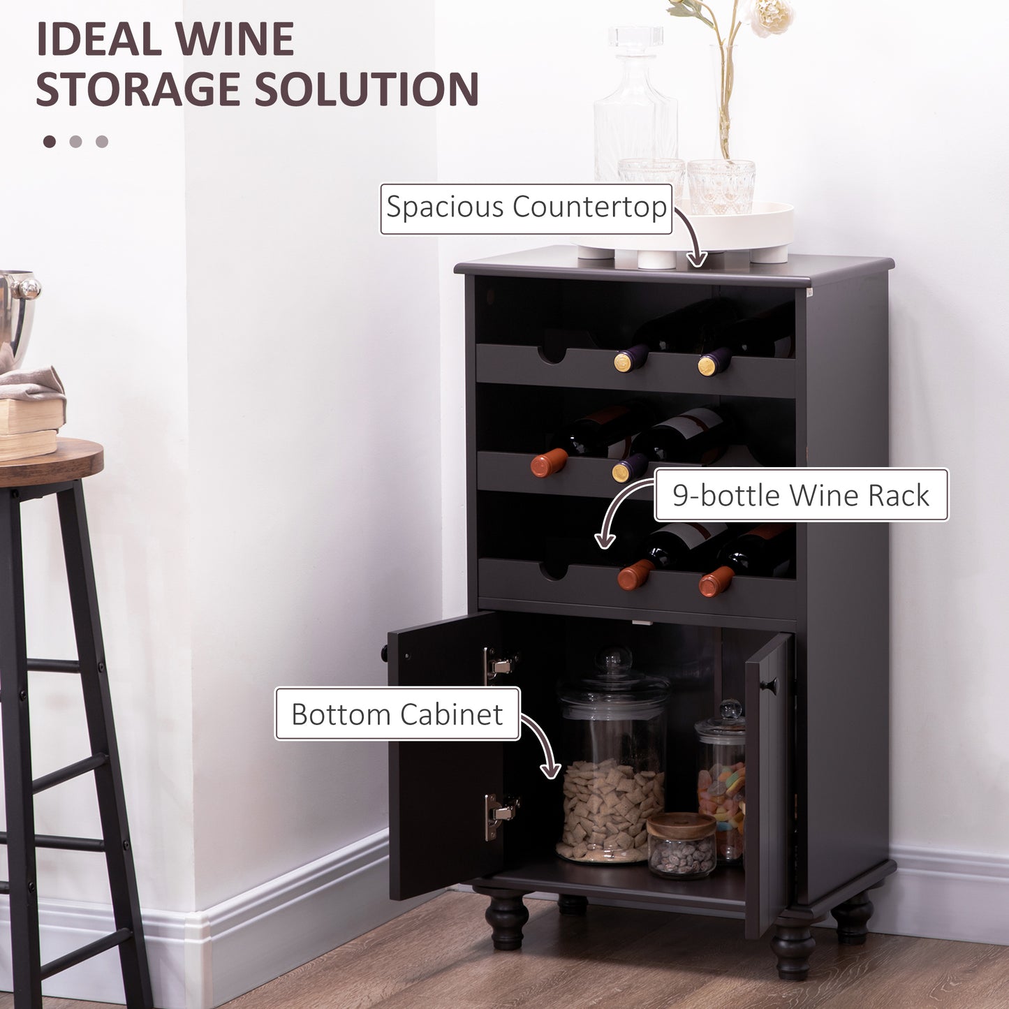 Modern Liquor Cabinet, Wine Cabinet with 9-Bottle Wine Rack, Kitchen Sideboard with Storage Cupboard for Home Bar, Brown