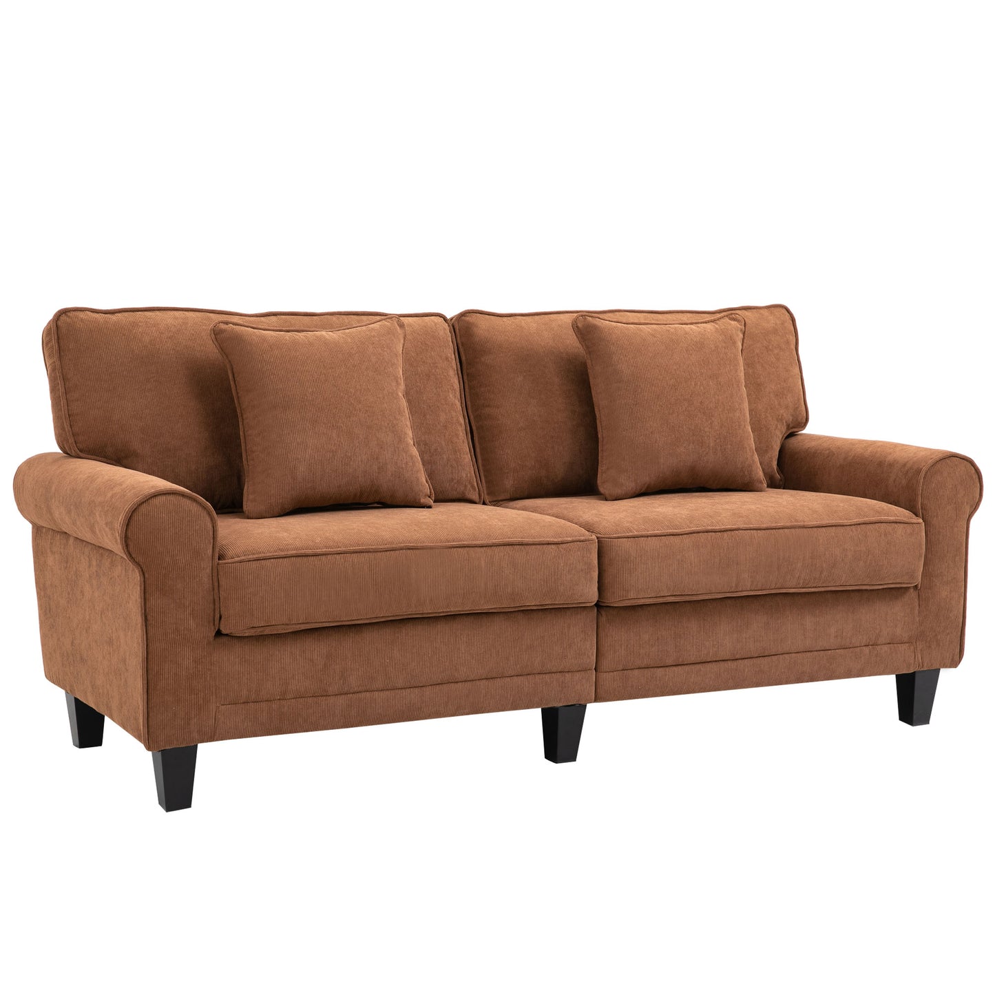 Modern Classic 3-Seater Sofa, Corduroy Fabric with Pine Wood Legs, Rolled Arms, Brown