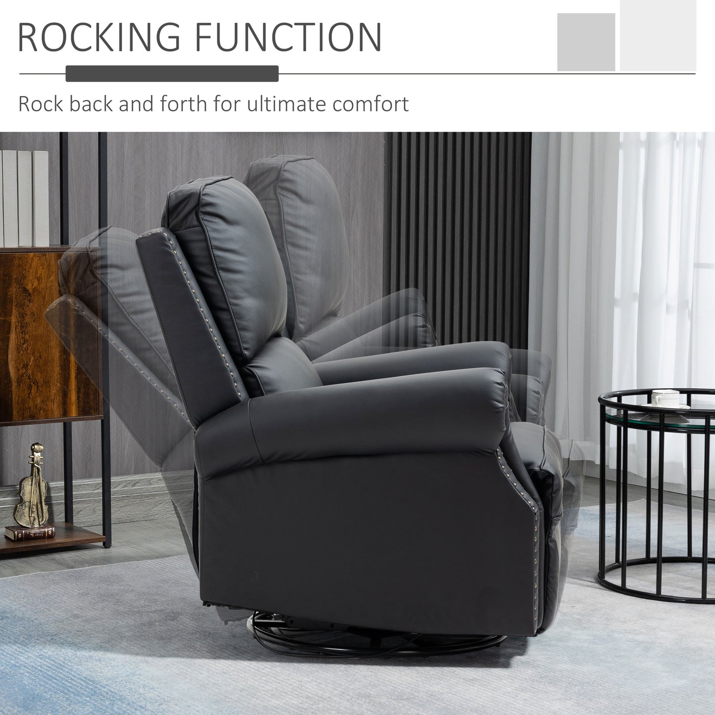 Manual Recliner Chair 360° Swivel Rocking Armchair Sofa with PU Leather Padded Cushion and Backrest for Living Room Black