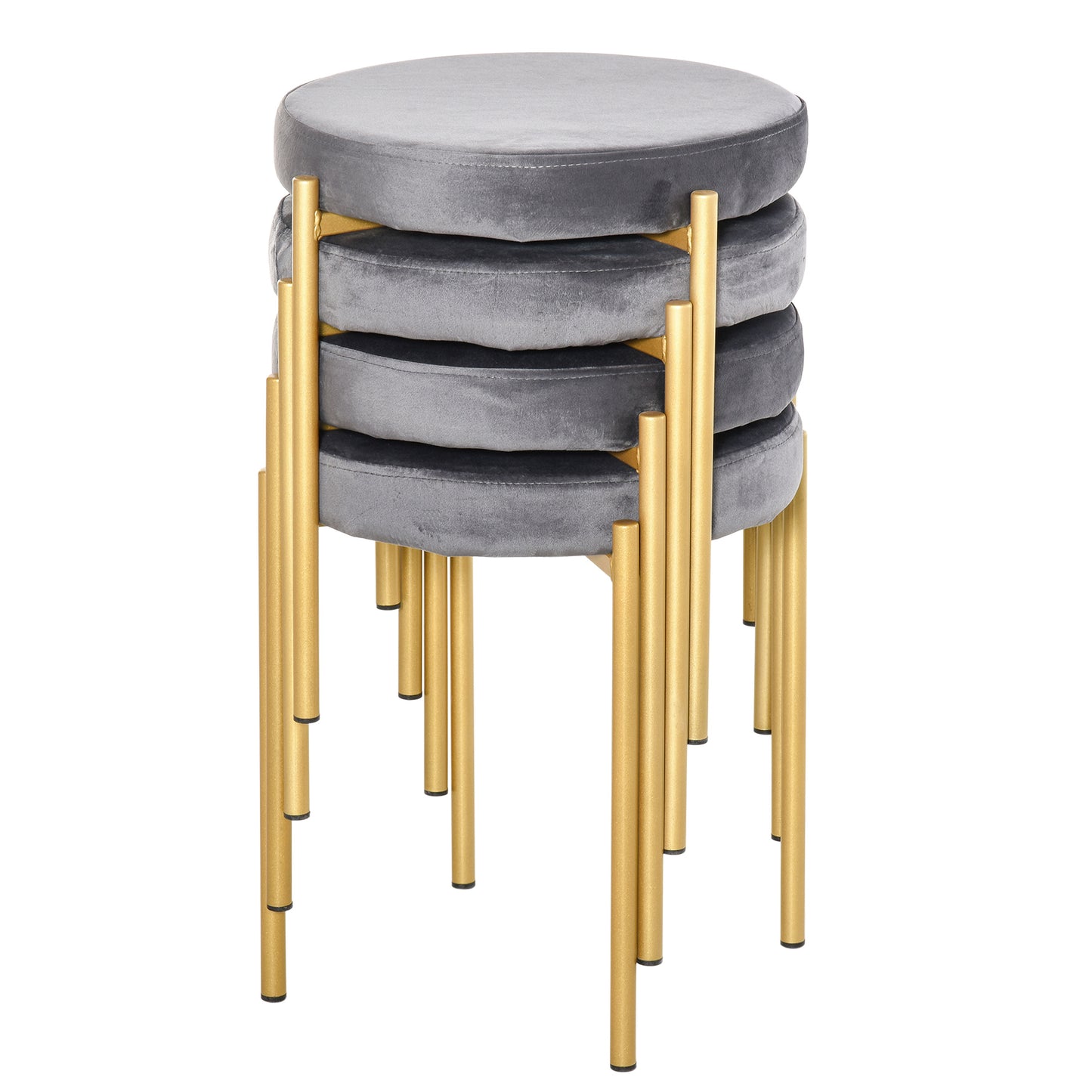 Modern Stacking Stools Set of 4, Backless Round Dining Chairs, Velvet-Touch Accent Side Chairs with Metal Legs for Kitchen, Grey