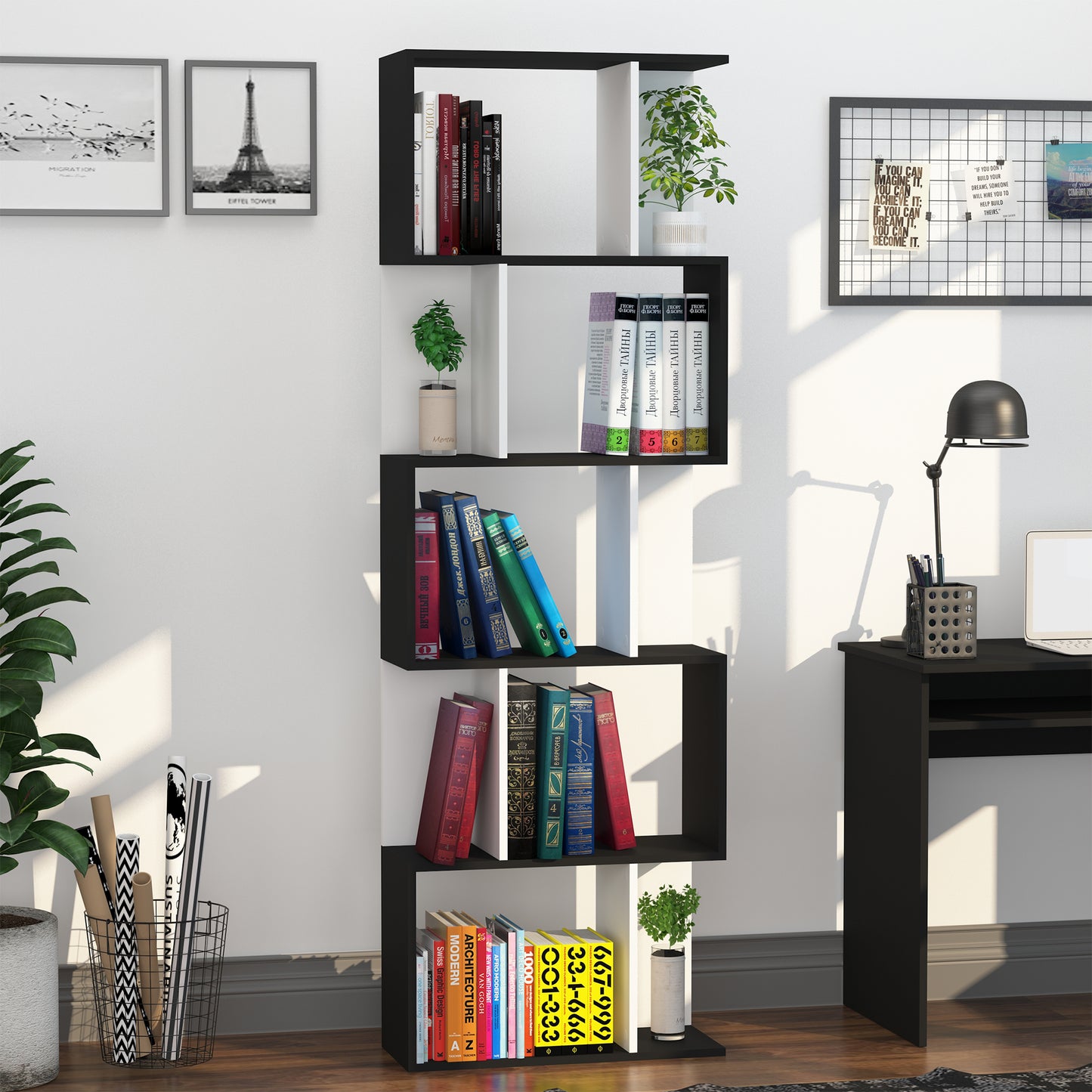 Modern Bookcase 5-Tier Display Shelf Storage Shelf Room Divider Living Room Home Office Furniture, Black