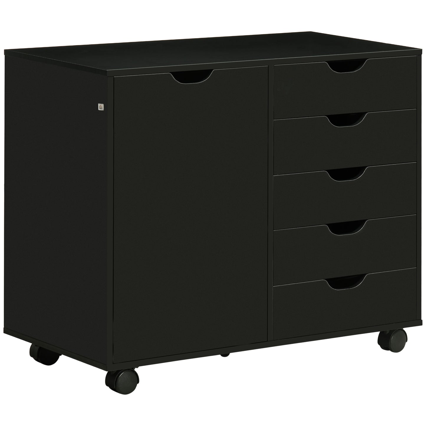 Modern Mobile 5-Drawer Chest with Door, Storage Cabinet, Dresser on Wheels, Printer Stand for Home Office, Black