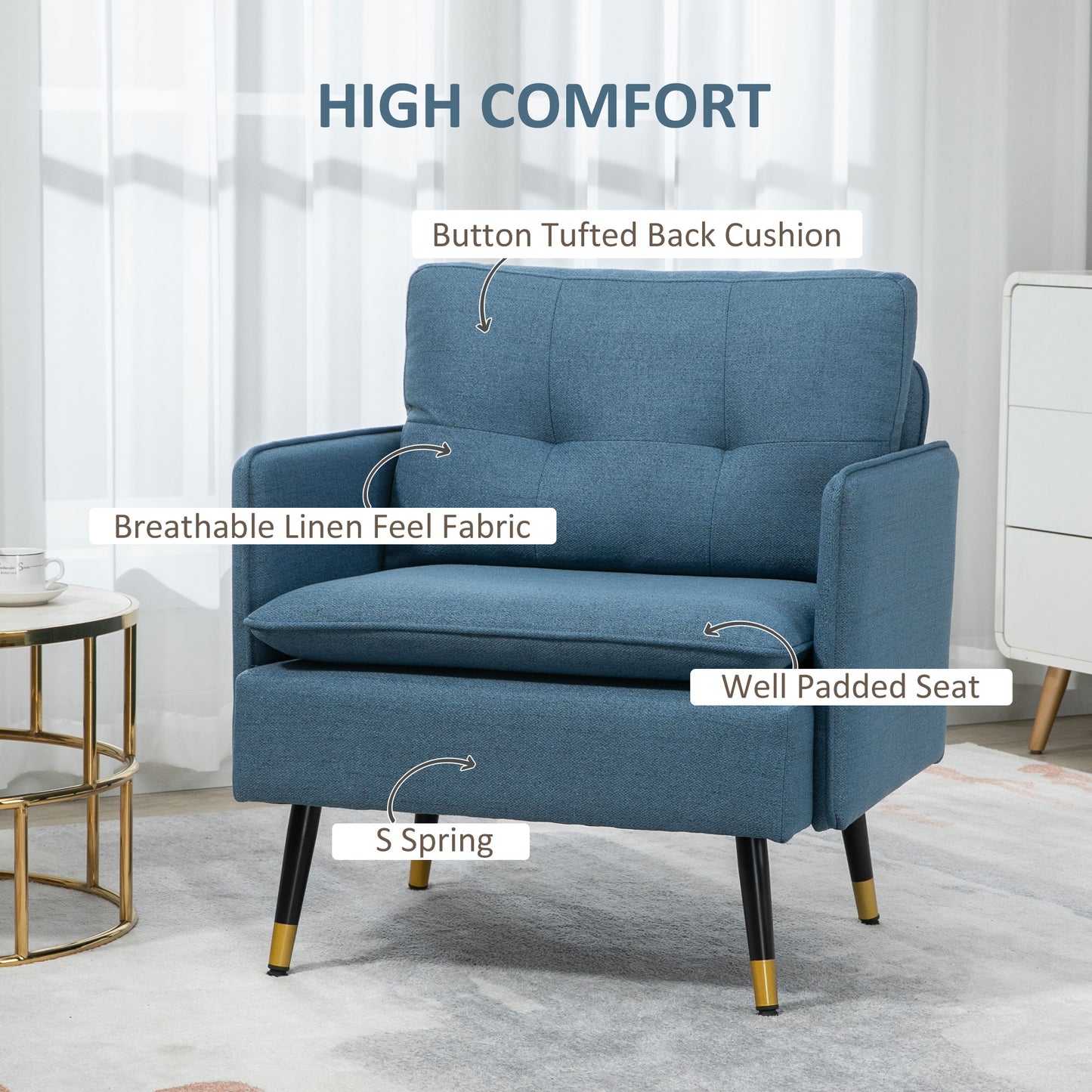 Accent Chair with Cushioned Seat and Back, Upholstered Fabric Armchair for Bedroom, Button Tufted Living Room Chair with Arms and Steel Legs, Blue