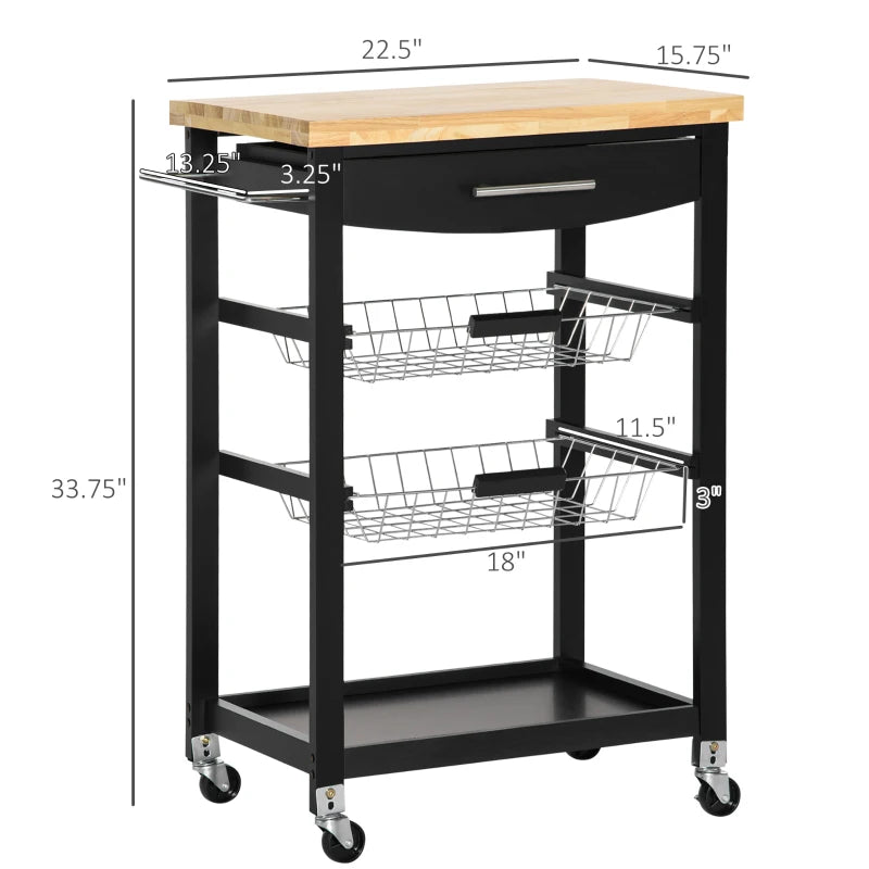 3-Tier Utility Kitchen Cart with Handle Bar, Steel Basket Rolling Cart, Food Storage Service Trolley with Drawer, Rubber Wood Top, Black