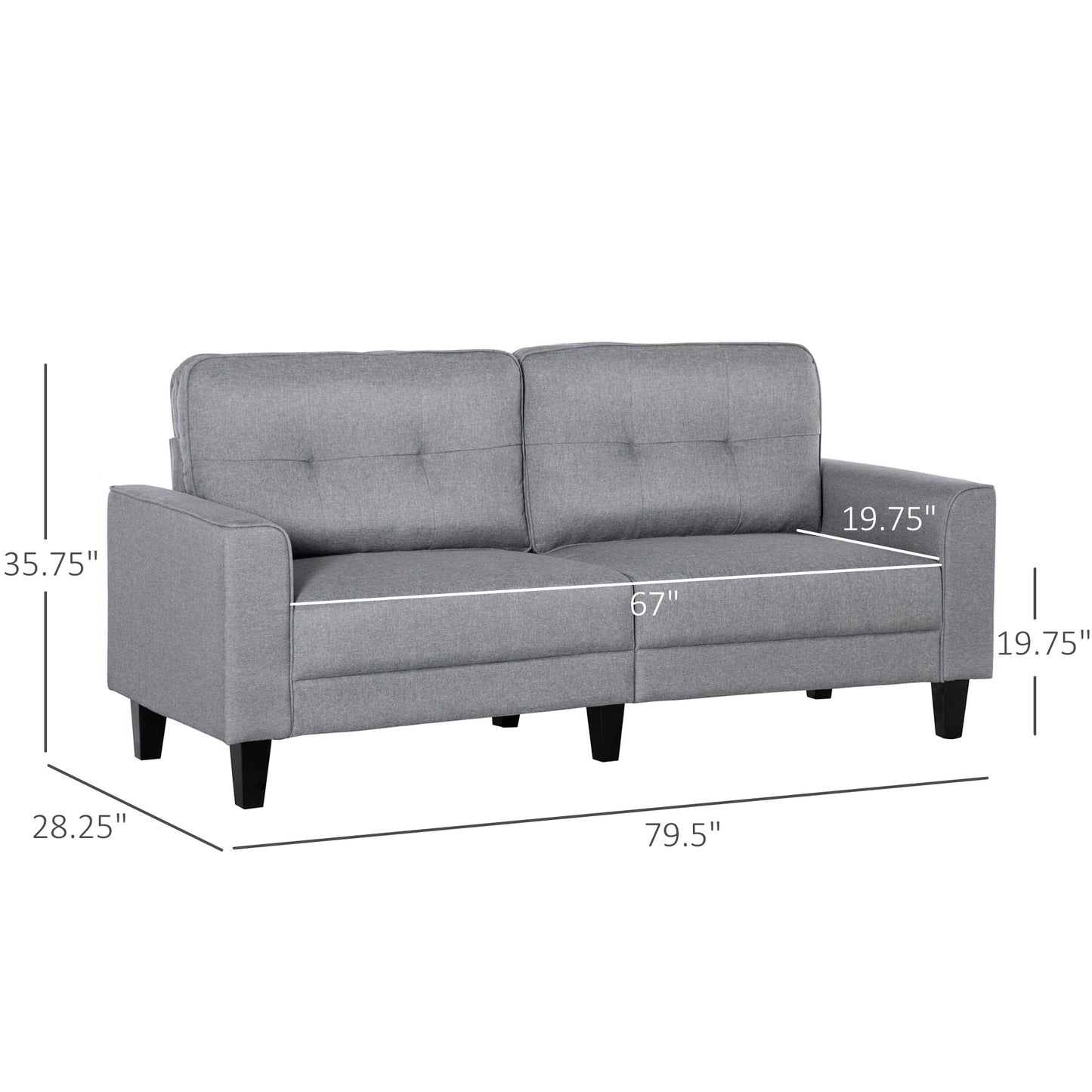 3-Seater Sofa, Mid-Century Linen Futon Couch with Upholstered Seat, Button-Tufted Back Cushion and Rubber Wood Legs for Living Room, Bedroom, Grey