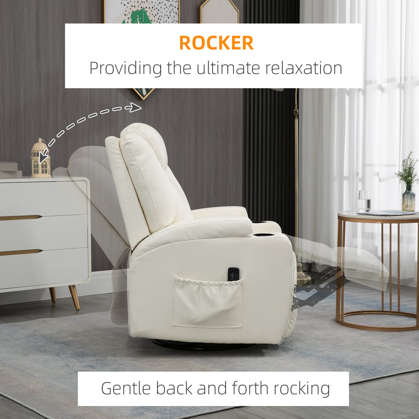 Faux Leather Recliner Chair with Massage, Vibration, Muti-function Padded Sofa Chair with Remote Control, 360 Degree Swivel Seat with Dual Cup Holders, Cream White