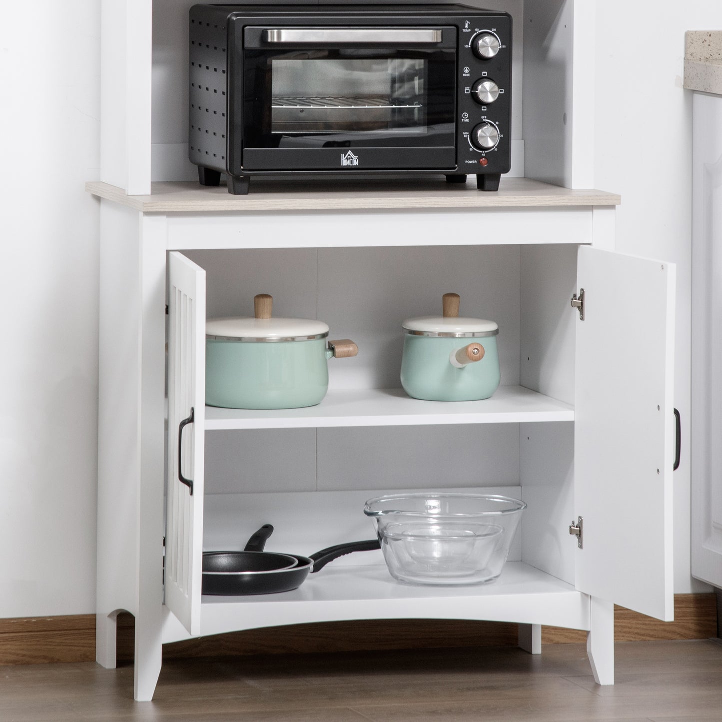 70" Kitchen Buffet Hutch with 3-tier Shelving Double-door Storage Pantry Cabinet, Sideboard with Adjustable Shelves Microwave Oven Countertop, White