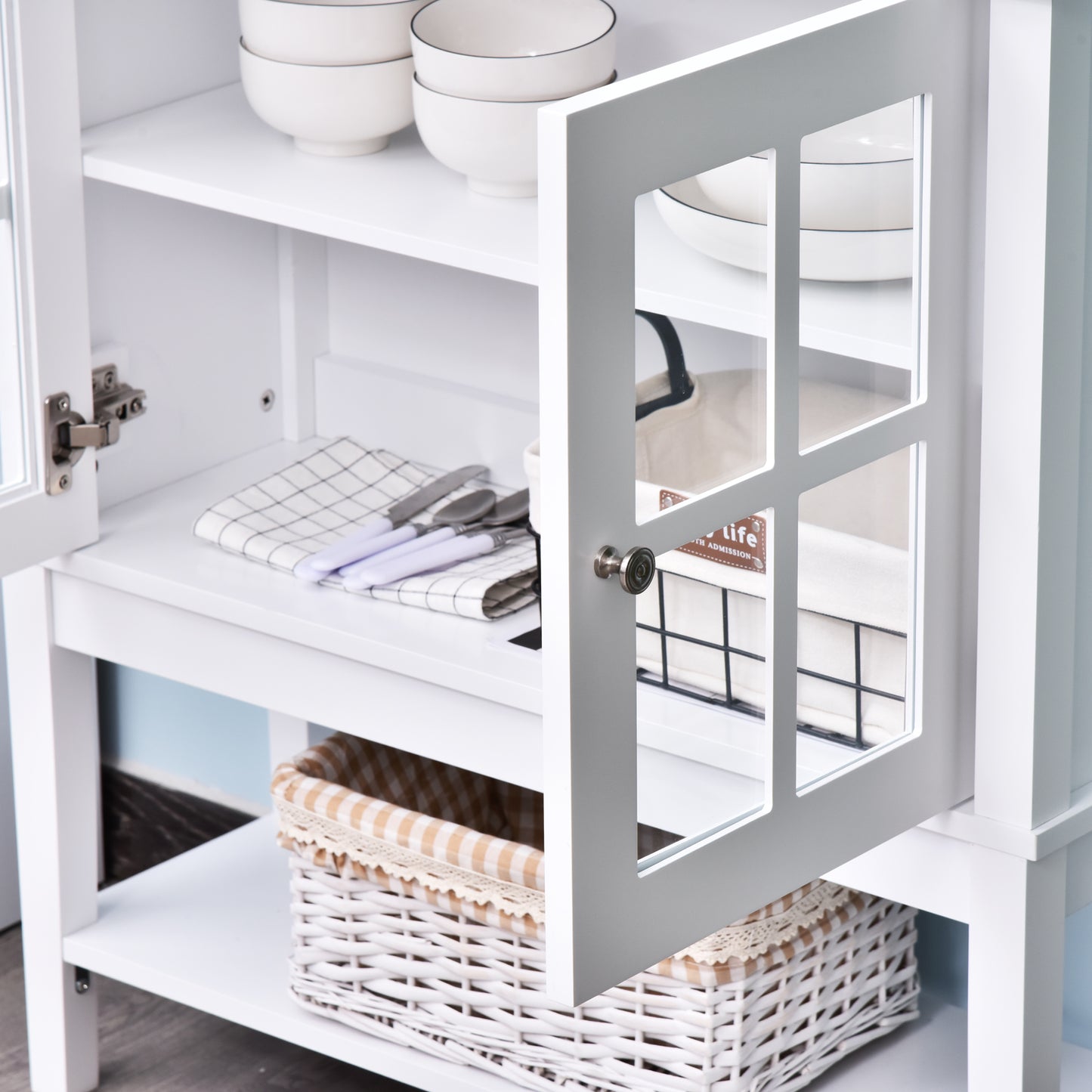 Modern Sideboard Buffet Cabinet Wood Console Table with Glass Doors Kitchen Dining Room Furniture White