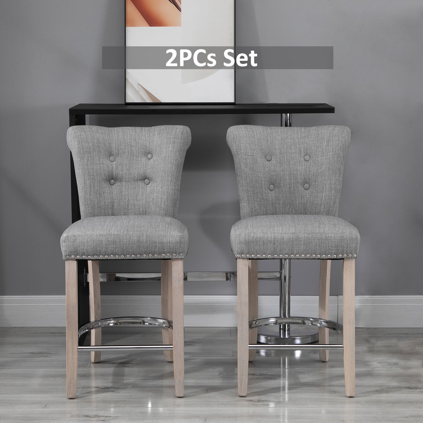 Linen Bar Stools Set of 2, Dining Chair with Footrest and Solid Wood Leg, Grey