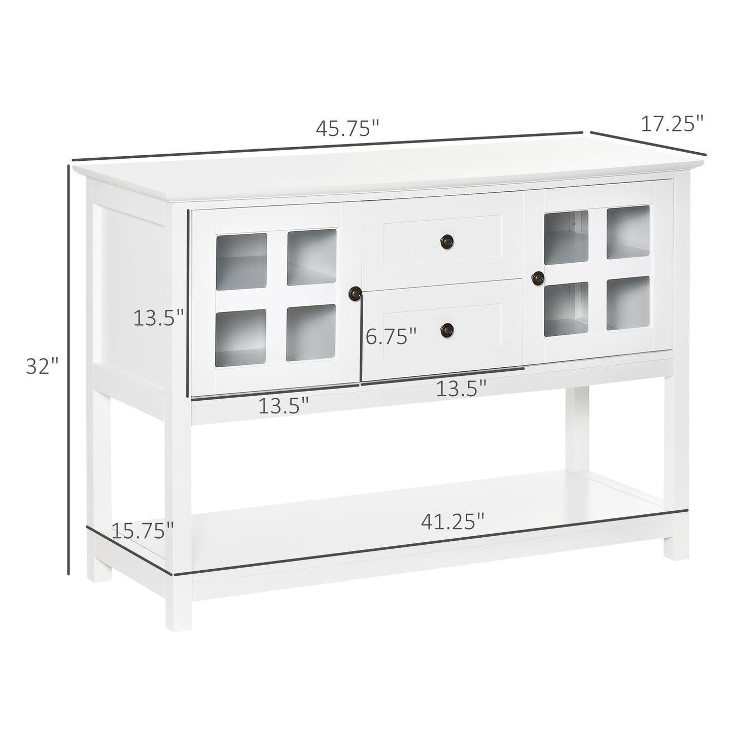 Kitchen Sideboard Serving Buffet Storage Cabinet Cupboard with Adjustable Shelves, Glass Doors, 2 Drawers, for Dining, Living Room, White