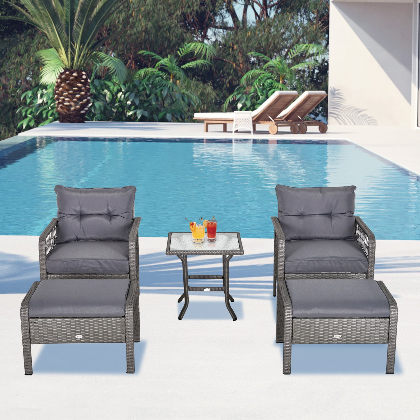 Outsunny 5-Piece Outdoor PE Rattan Wicker Patio All Weather Conversation Sofa Furniture Set with 2 Cushioned Armchair, 2 Ottomans and Coffee Table, Grey