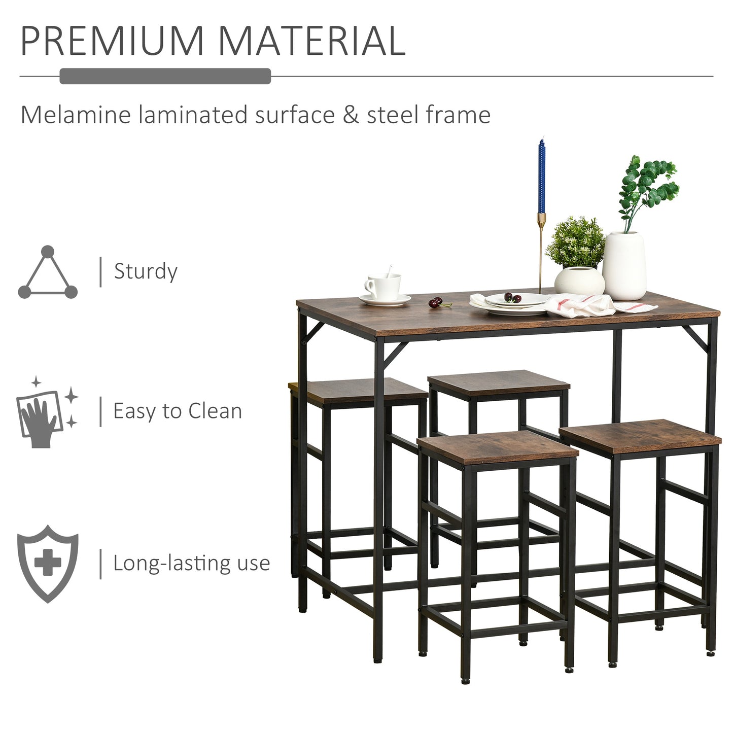 Rectangular Bar Table Set with 4 Stools for Dining Room, Kitchen, Dinette, Black, Rustic Brown