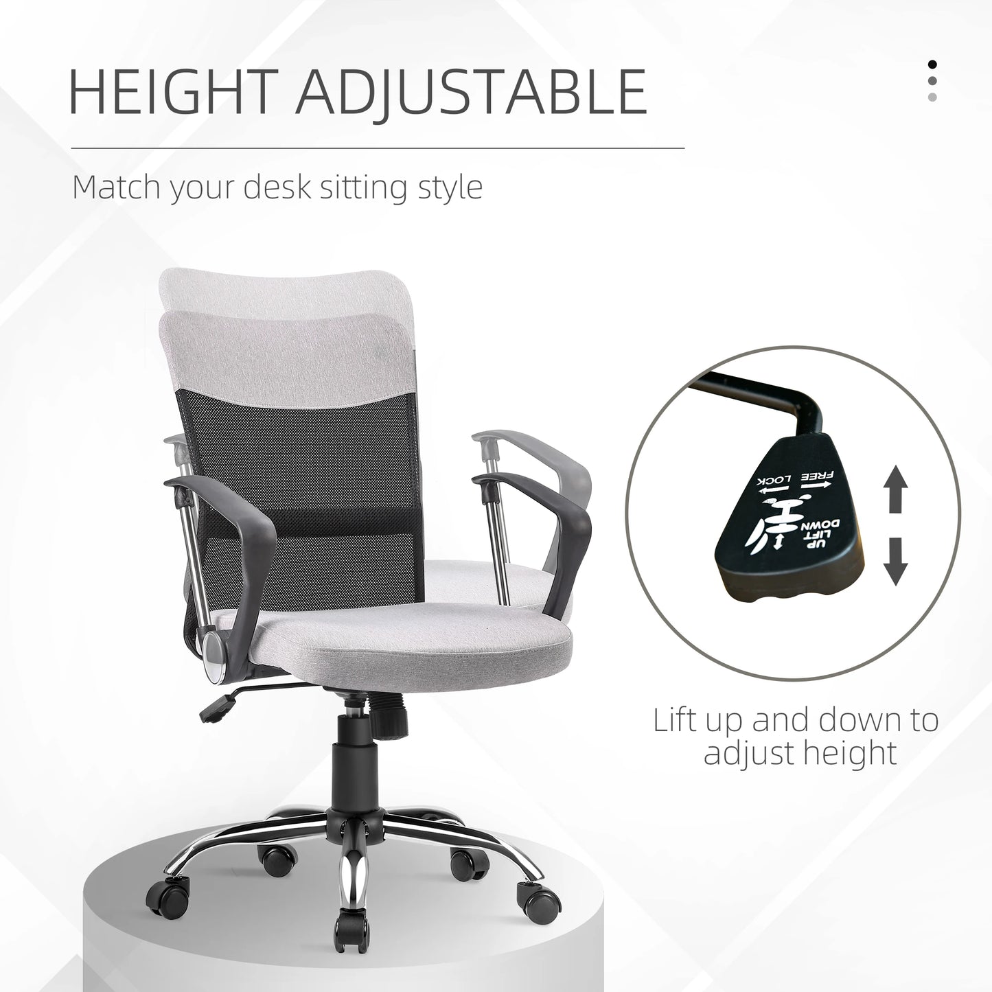 Ergonomic Office Chair, Mid Back Mesh Chair with Armrests, Adjustable Height, Grey and Black