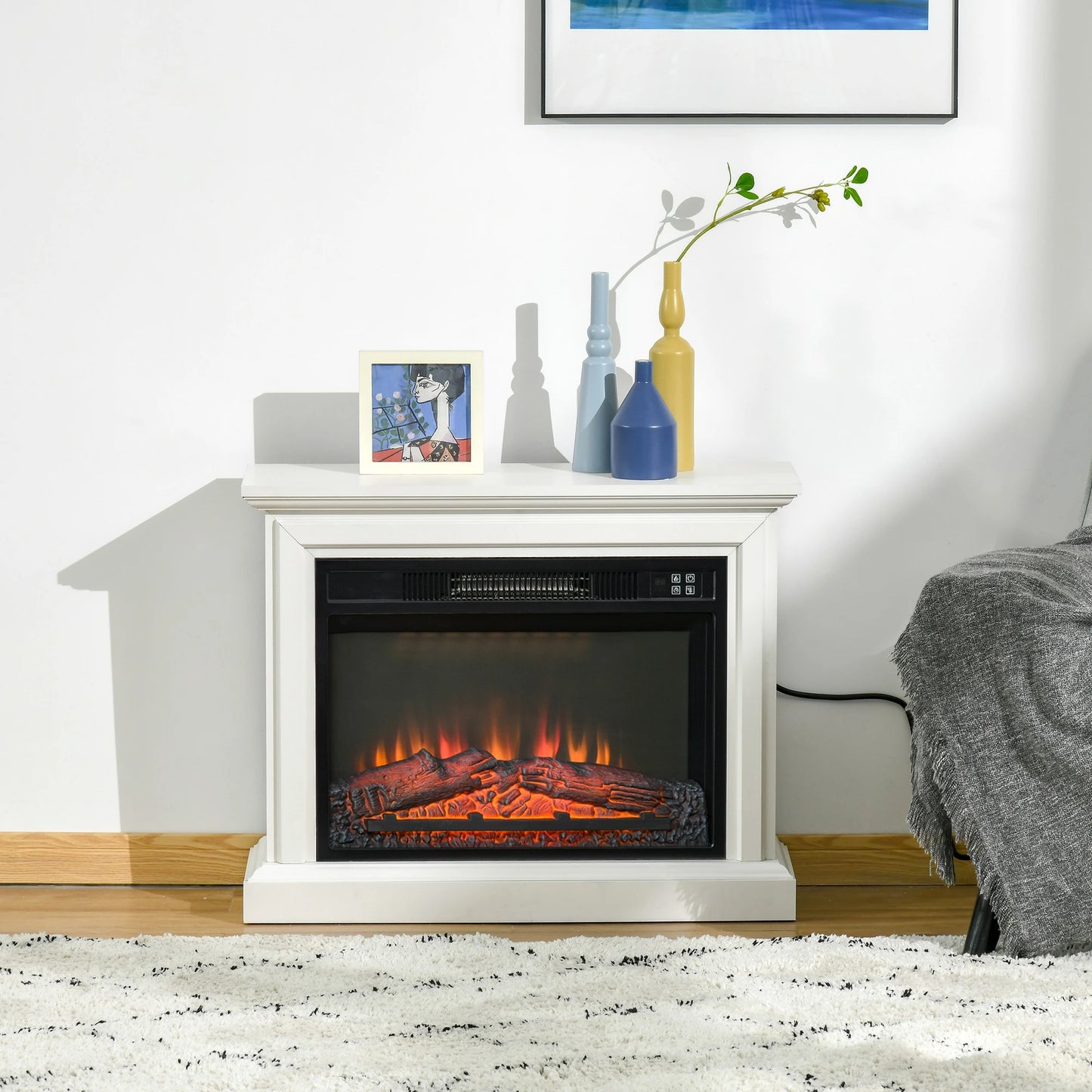 31" Electric Fireplace with Dimmable Flame Effect and Mantel, Freestanding Heater Corner Firebox with Log Hearth and Remote Control, 1400W, White