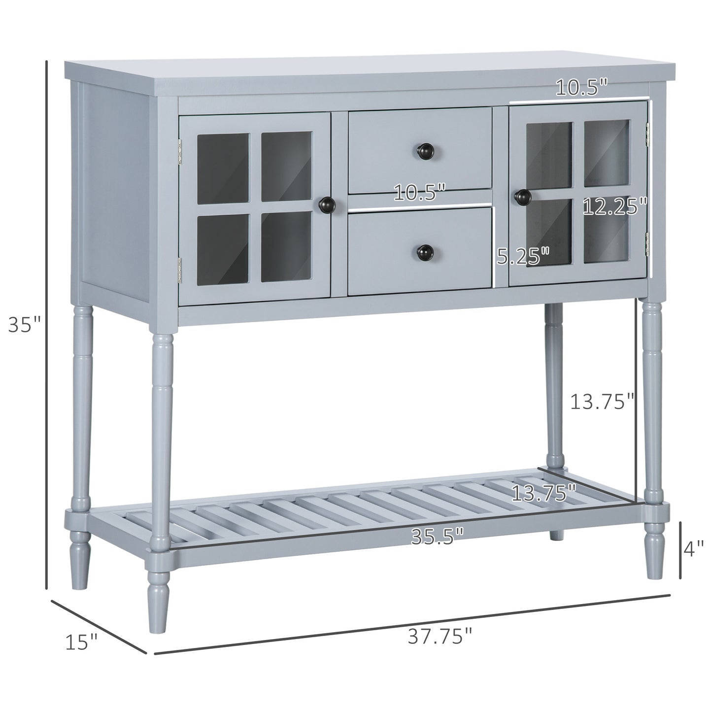 Modern Sideboard Buffet Cabinet, Kitchen Storage Cabinet with 2 Drawers, Bottom Shelf, Glass Doors for Living Room, Hallway, Grey