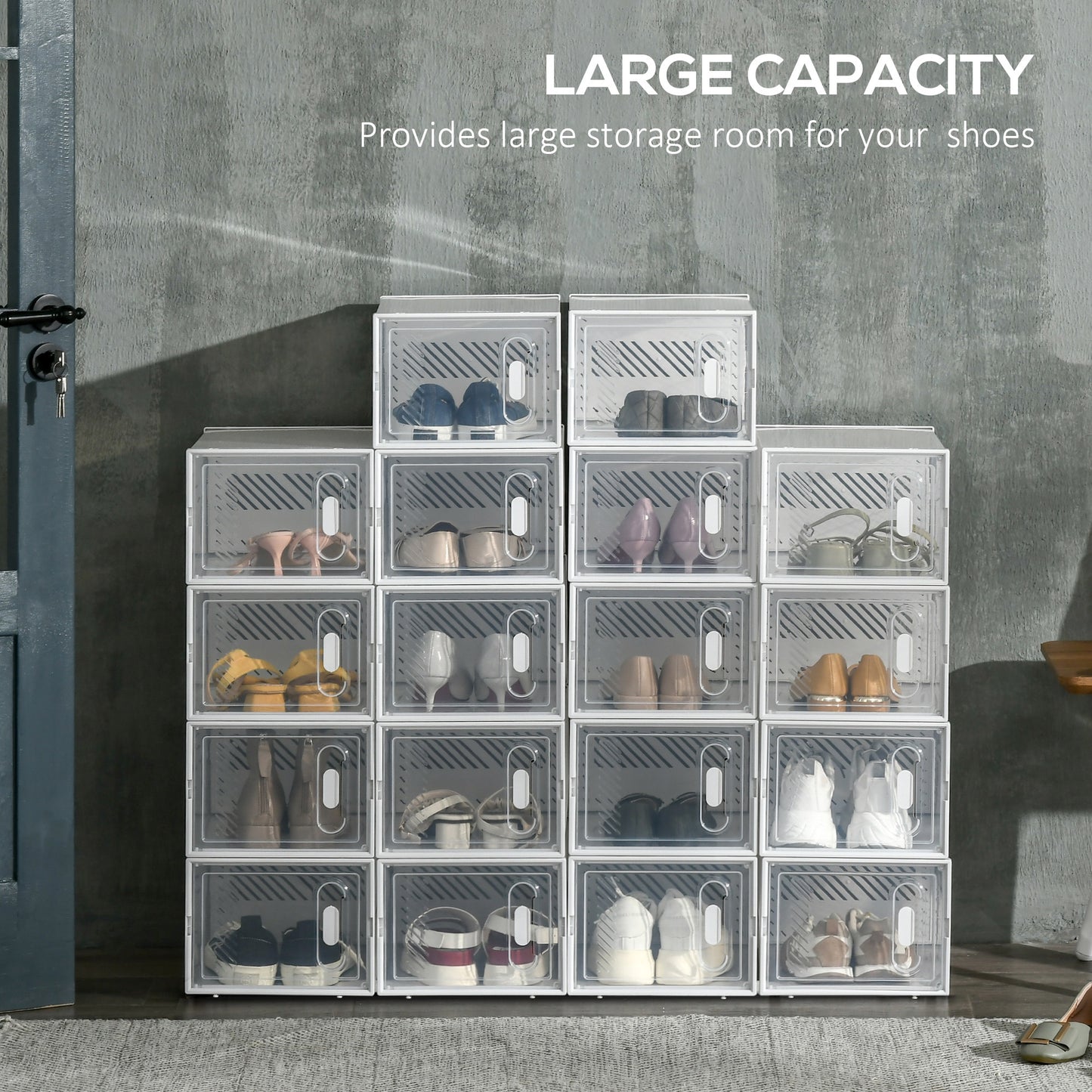 18-Cube Stackable Shoe Storage Organizer, Modular Shoe Cabinet, Ideal for Entryway, Hallway, Closet, 9.75 x 13.75 x 7.5 Inches, Clear and White