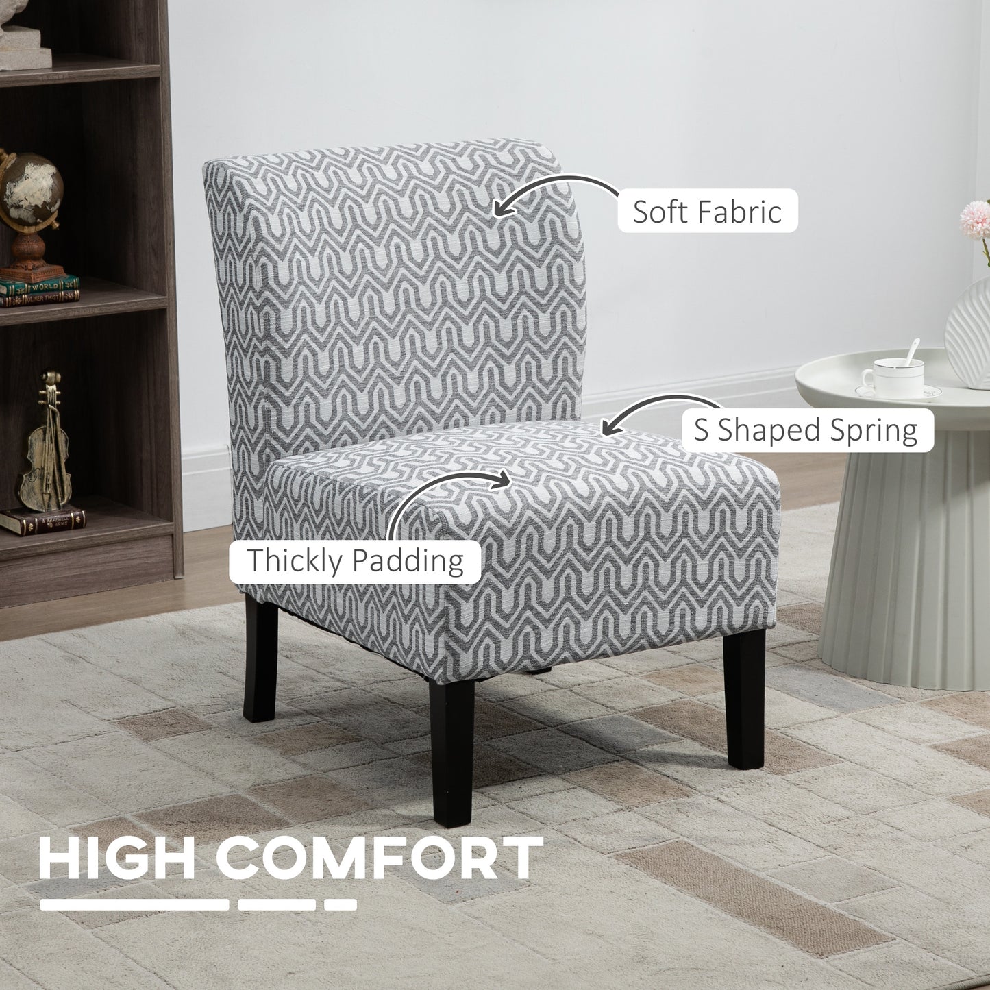 Armless Accent Chair for Bedroom, Upholstered Slipper Side Chair for Living Room with Wood Legs, Grey