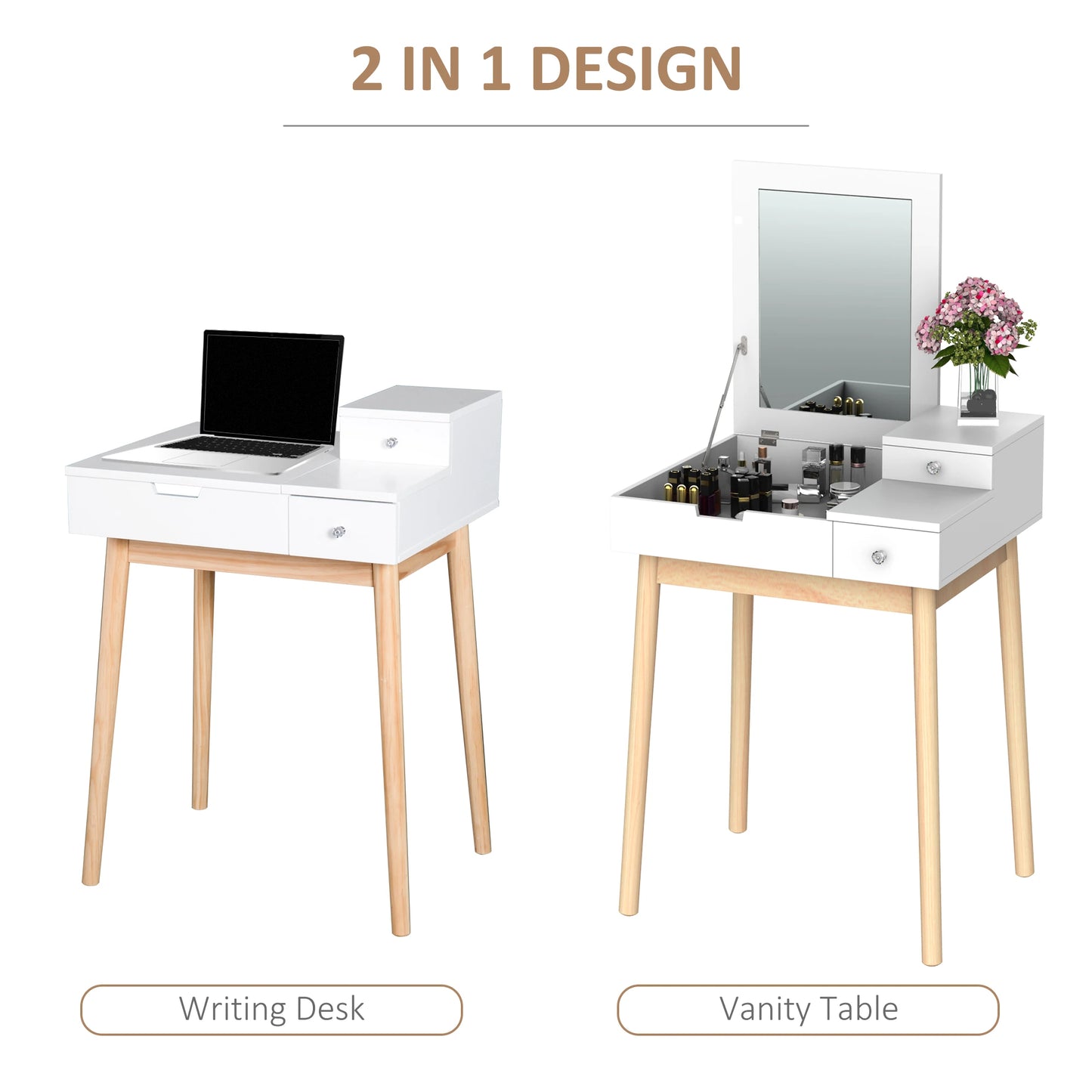 Modern Dressing Table with Mirror, Make Up Desk with Flip-up Top, 2 Drawers, White