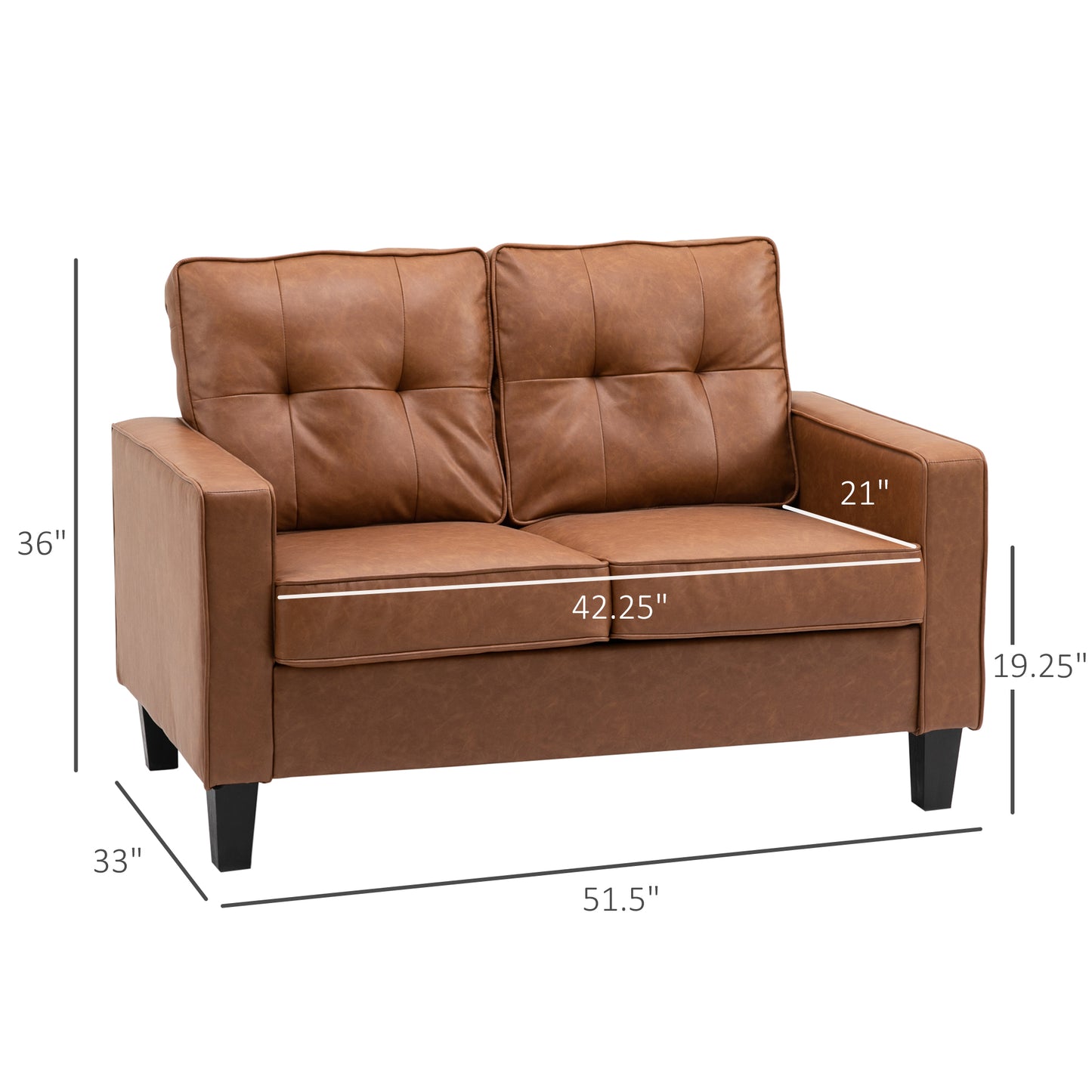 51" PU Leather Double Sofa with Sponge Padding Armrest, Tufted Back and Pocket Spring, Brown