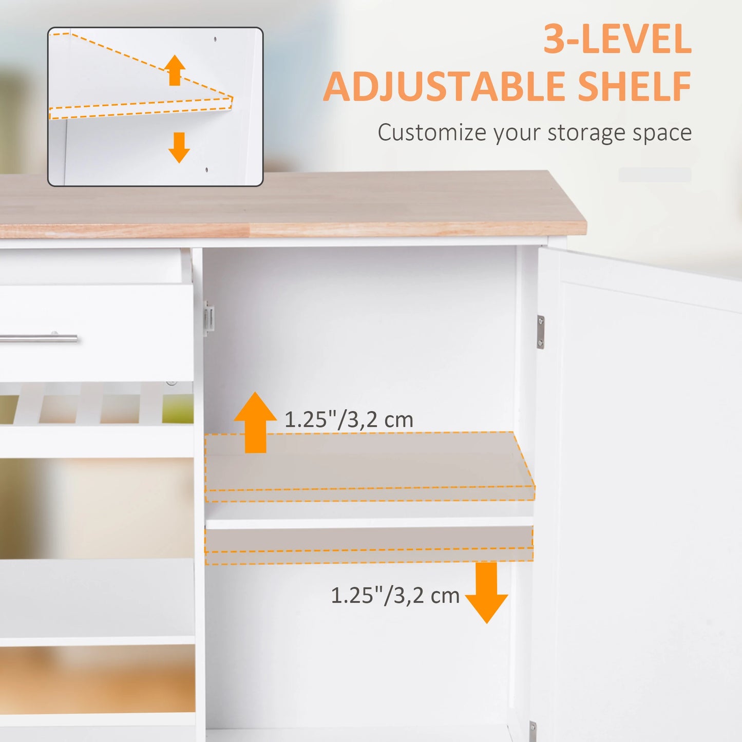 4-Tier Rolling Kitchen Island Utility Trolley Serving Cart Kitchen Storage Cart w/ Towel Rack, Butcher Block Countertop, Cabinet, Drawer, Shelves, White
13