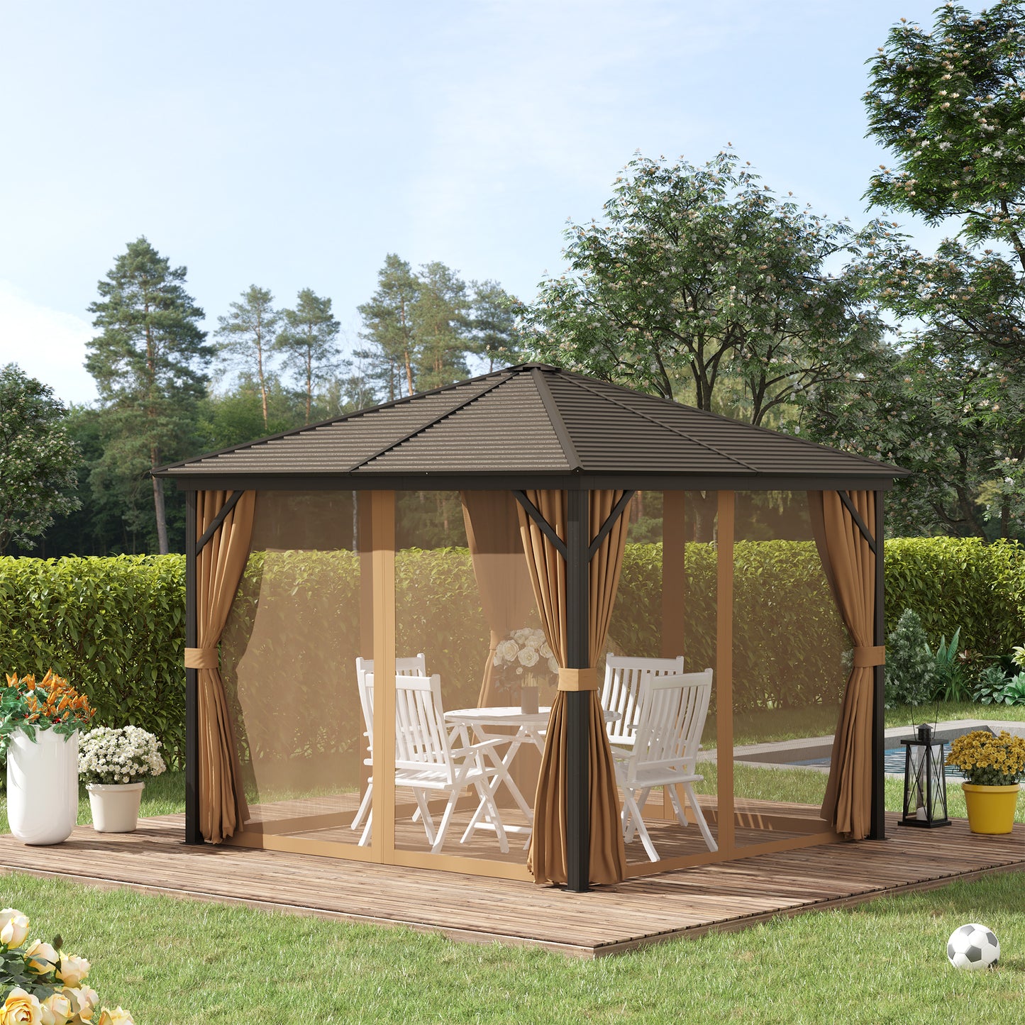 Outsunny 10' x 10' Hardtop Gazebo Outdoor Gazebo Canopy with Mosquito Netting, Curtains, Hanging Hook and Aluminum Frame, Brown