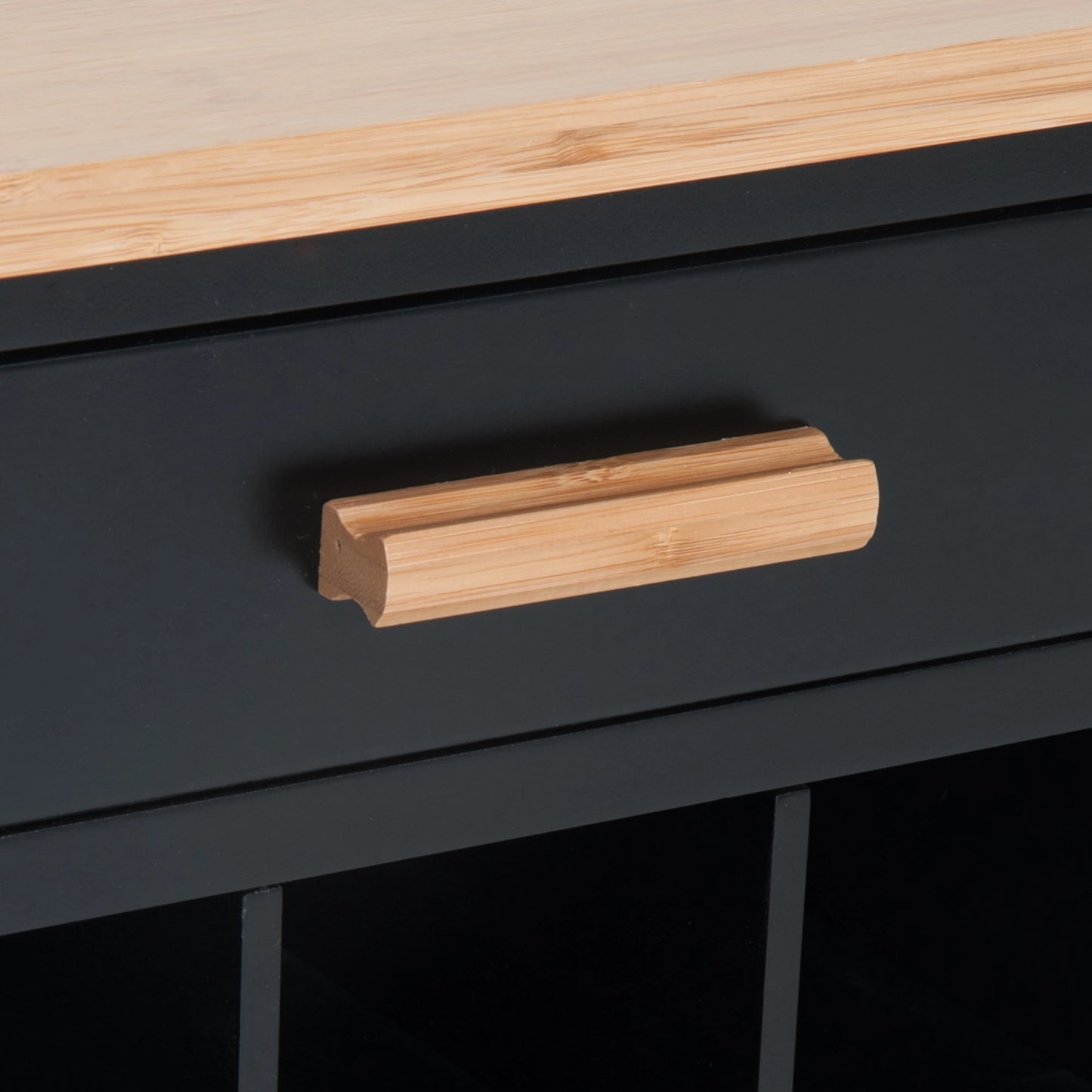 Portable Kitchen Trolley with Bamboo Top Storage Cabinet and Wine Rack (Black )