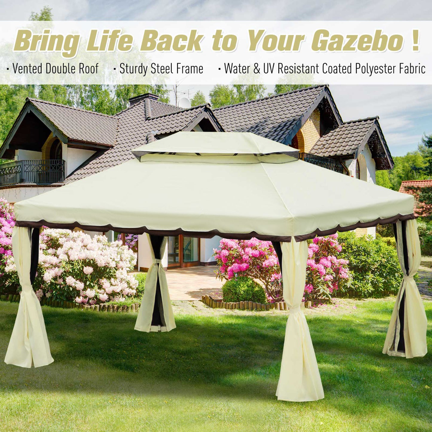 Outsunny 10 x 13ft Aluminum Frame Gazebo Canopy Double Tier Garden Shelter with Netting and Curtains, Beige