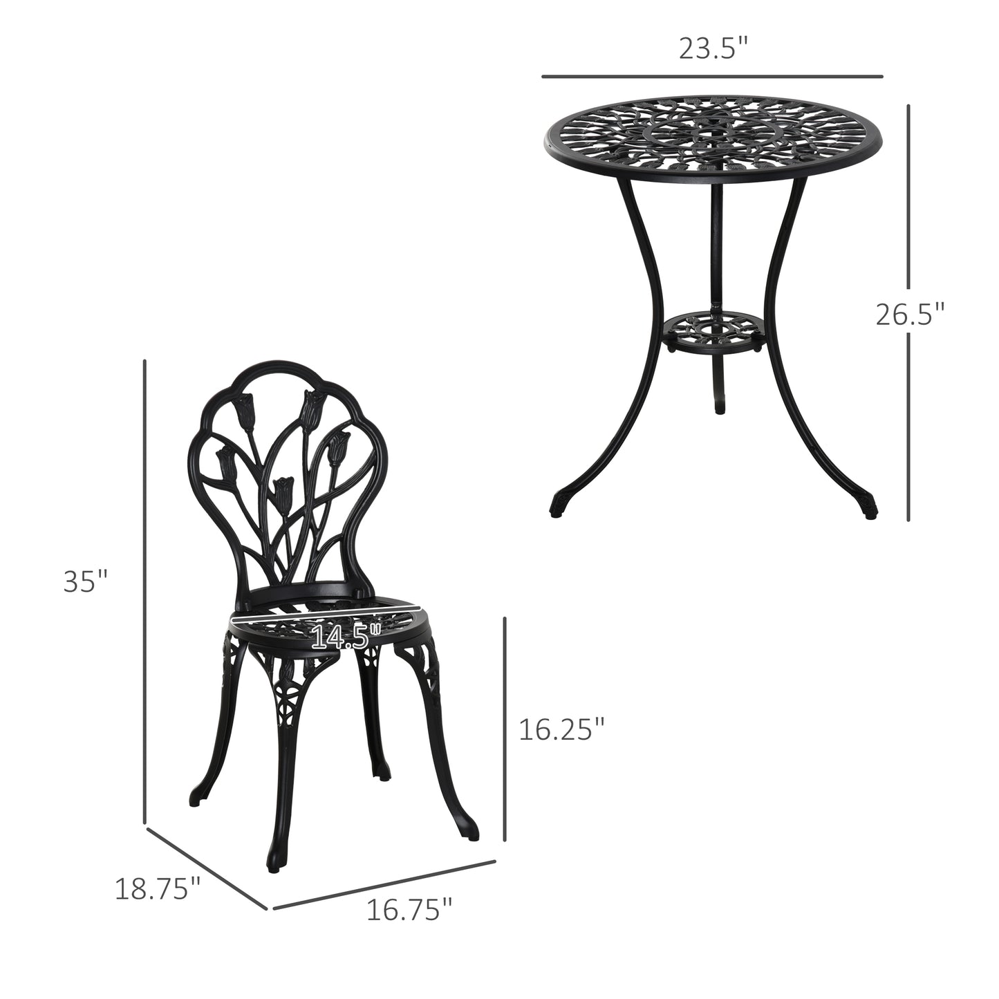 Outsunny 3PCs Patio Bistro Set, Outdoor Cast Aluminum Garden Table and Chairs with Umbrella Hole for Balcony, Black