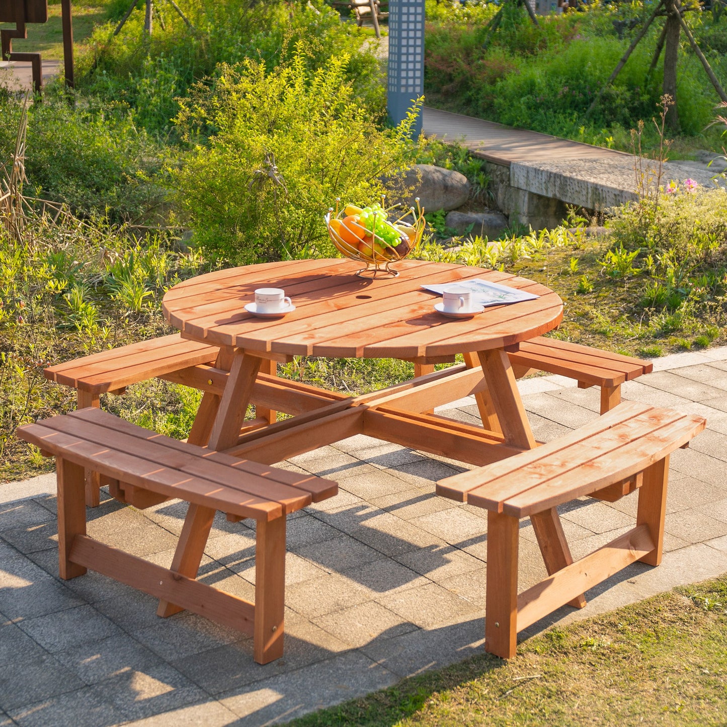 8 Seater Round Wooden Pub Bench & Picnic Table Garden Chair Dining Table Set for Outdoor Patio Deck Furniture