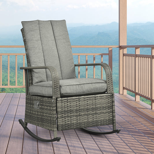 Wicker Rocking Chair Outdoor Sofa Glider Rocker Patio Rattan Recliner Furniture with Soft Cushion, Adjustable Footrest, Grey