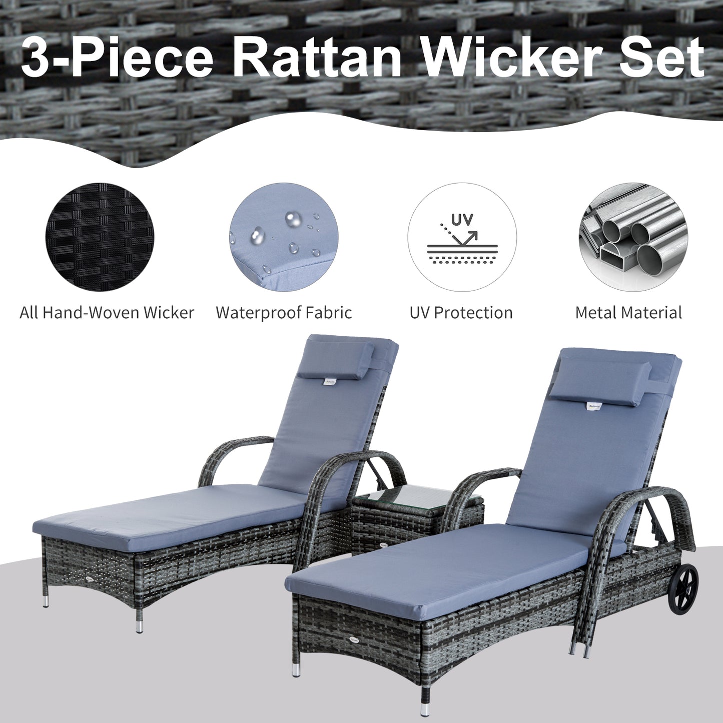 Outsunny 3 Pieces Patio Rattan Chaise Lounge Set, Outdoor PE Wicker Reclining Lounger Furniture Set, Adjustable Portable with Wheeled & Side Table, Grey