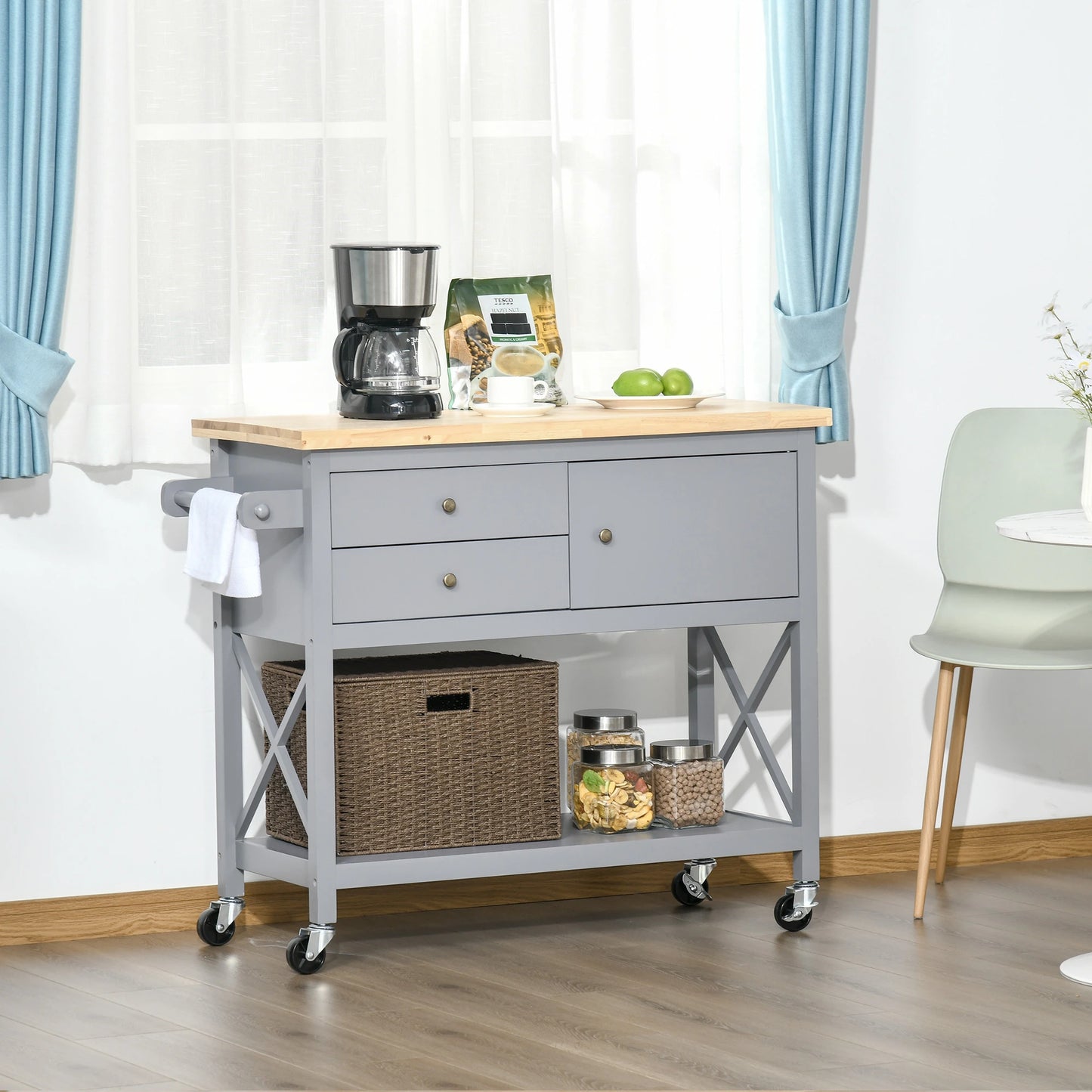 Utility Kitchen Cart Rolling Kitchen Island Storage Trolley with Rubberwood Top, 2 Drawers, Towel Rack, Grey