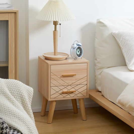 Scandinavian Bedside Table, Side End Table with 2 Drawers and Wood Legs, 13.8" x 12.6" x 20.3", Natural