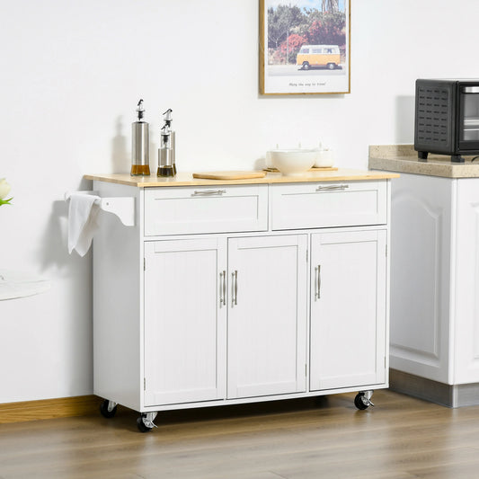 Kitchen Island, Utility Kitchen Serving Cart with 2 Storage Drawers & Cabinets for Dining Room, White