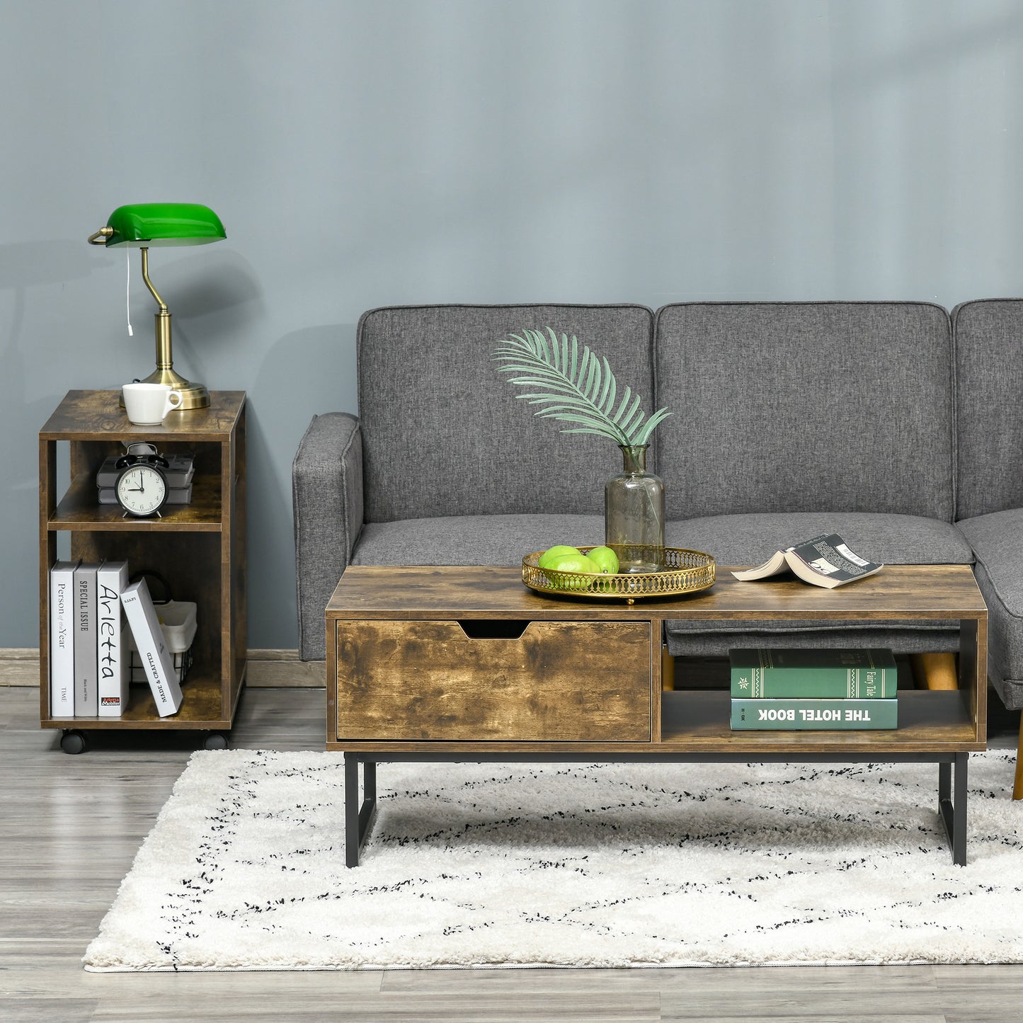 Industrial Coffee Table, Center Table with Drawer and Open Storage Compartment, Steel Legs, for Living Room, Rustic Brown