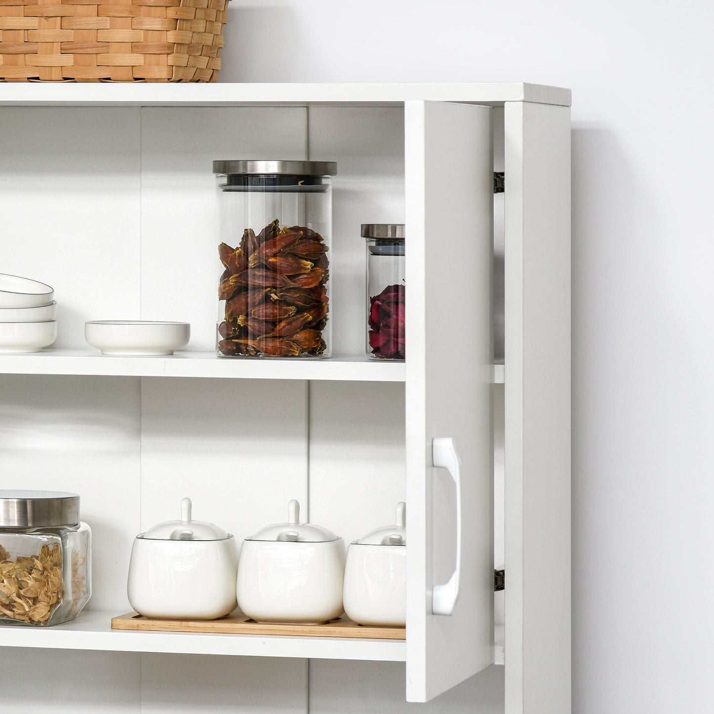 Modern Kitchen Cupboard with Storage Cabinet Hutch, 2 Cabinets, 3 Drawers and Open Countertop, White